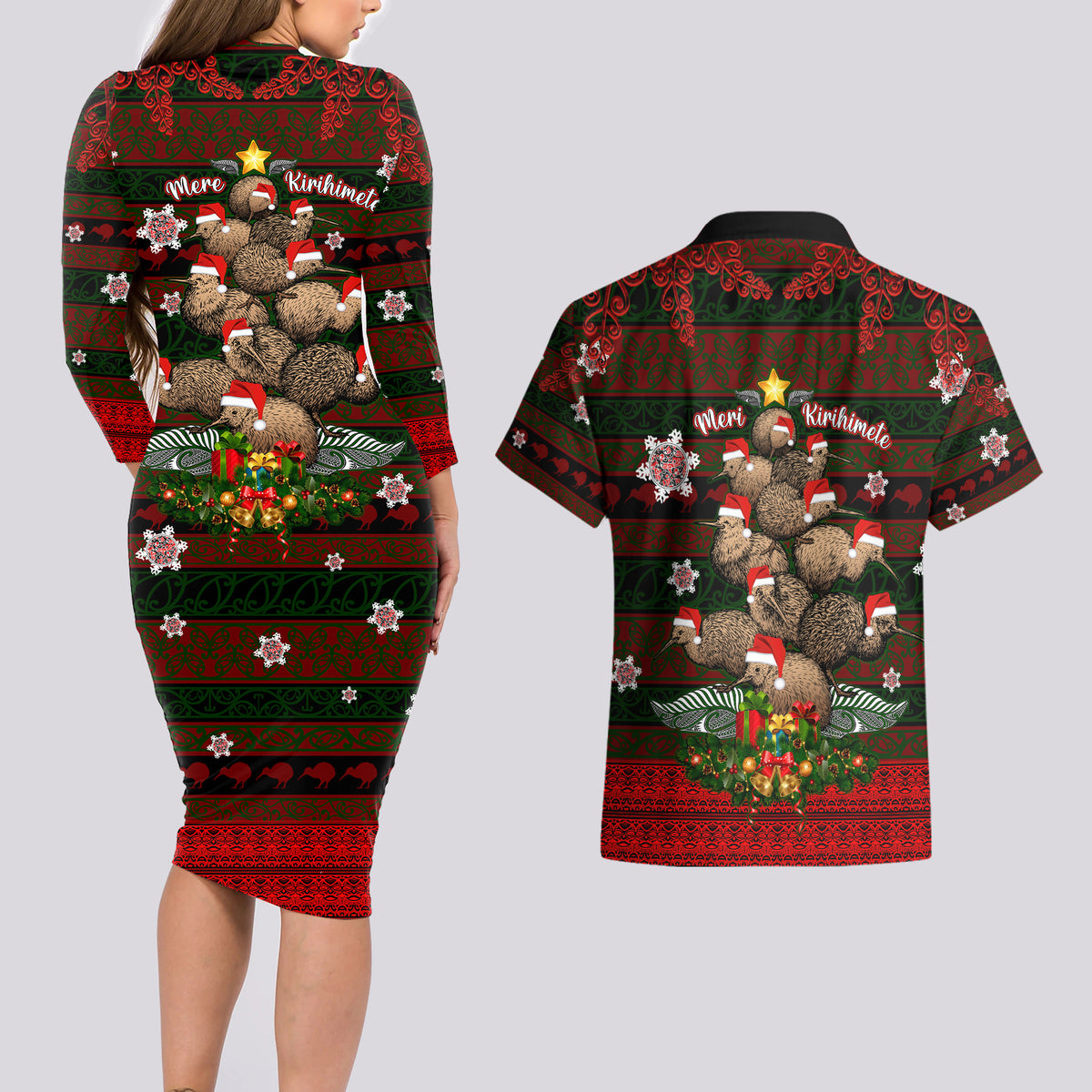 Meri Kirihimete New Zealand Couples Matching Long Sleeve Bodycon Dress and Hawaiian Shirt Christmas Kiwi Maori - Wonder Print Shop