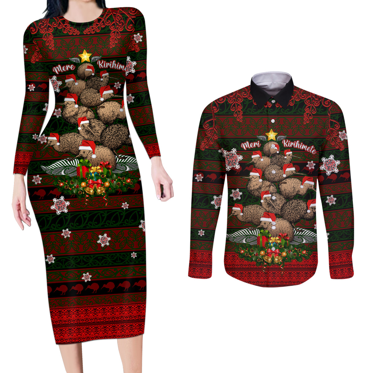 Meri Kirihimete New Zealand Couples Matching Long Sleeve Bodycon Dress and Long Sleeve Button Shirts Christmas Kiwi Maori - Wonder Print Shop