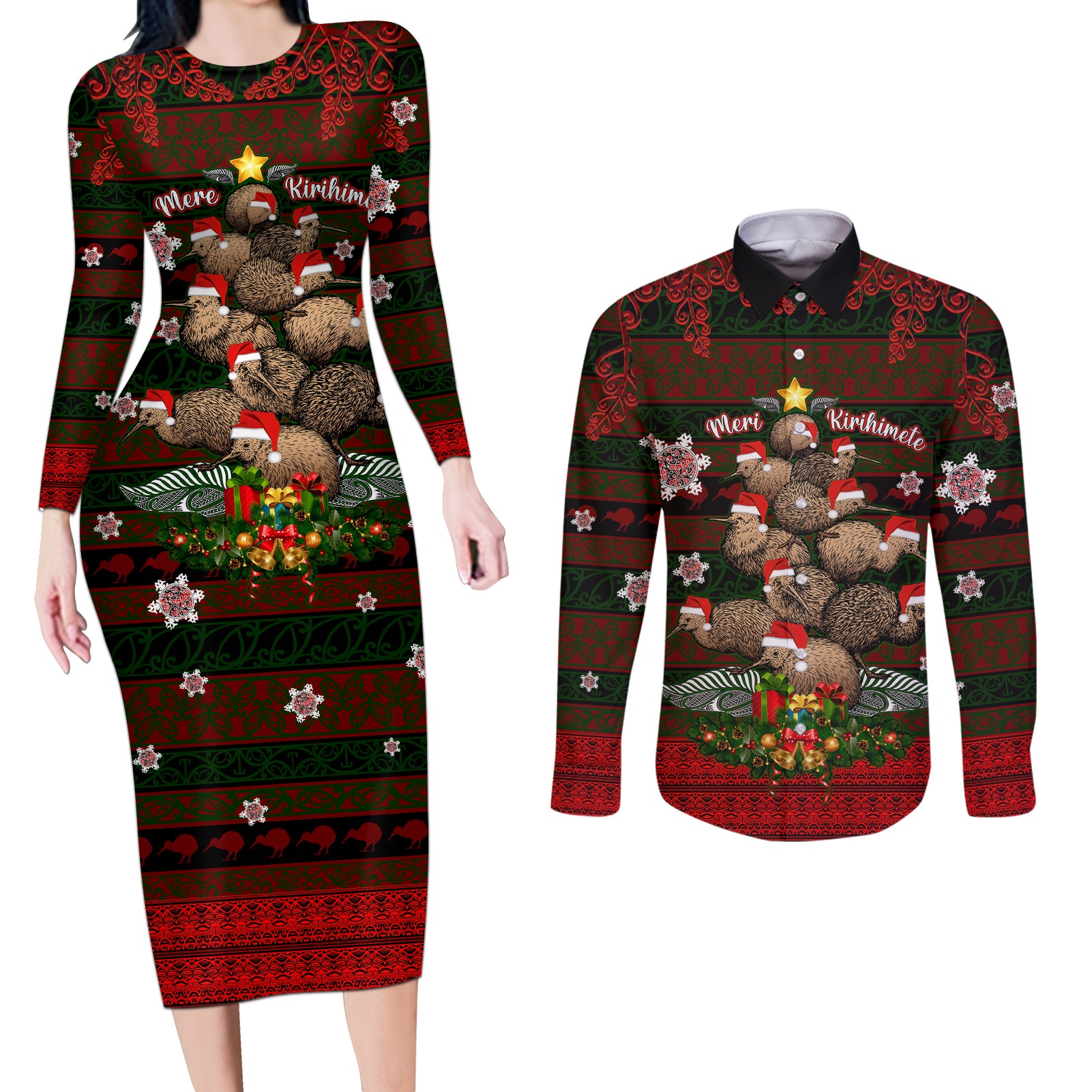 Meri Kirihimete New Zealand Couples Matching Long Sleeve Bodycon Dress and Long Sleeve Button Shirts Christmas Kiwi Maori - Wonder Print Shop
