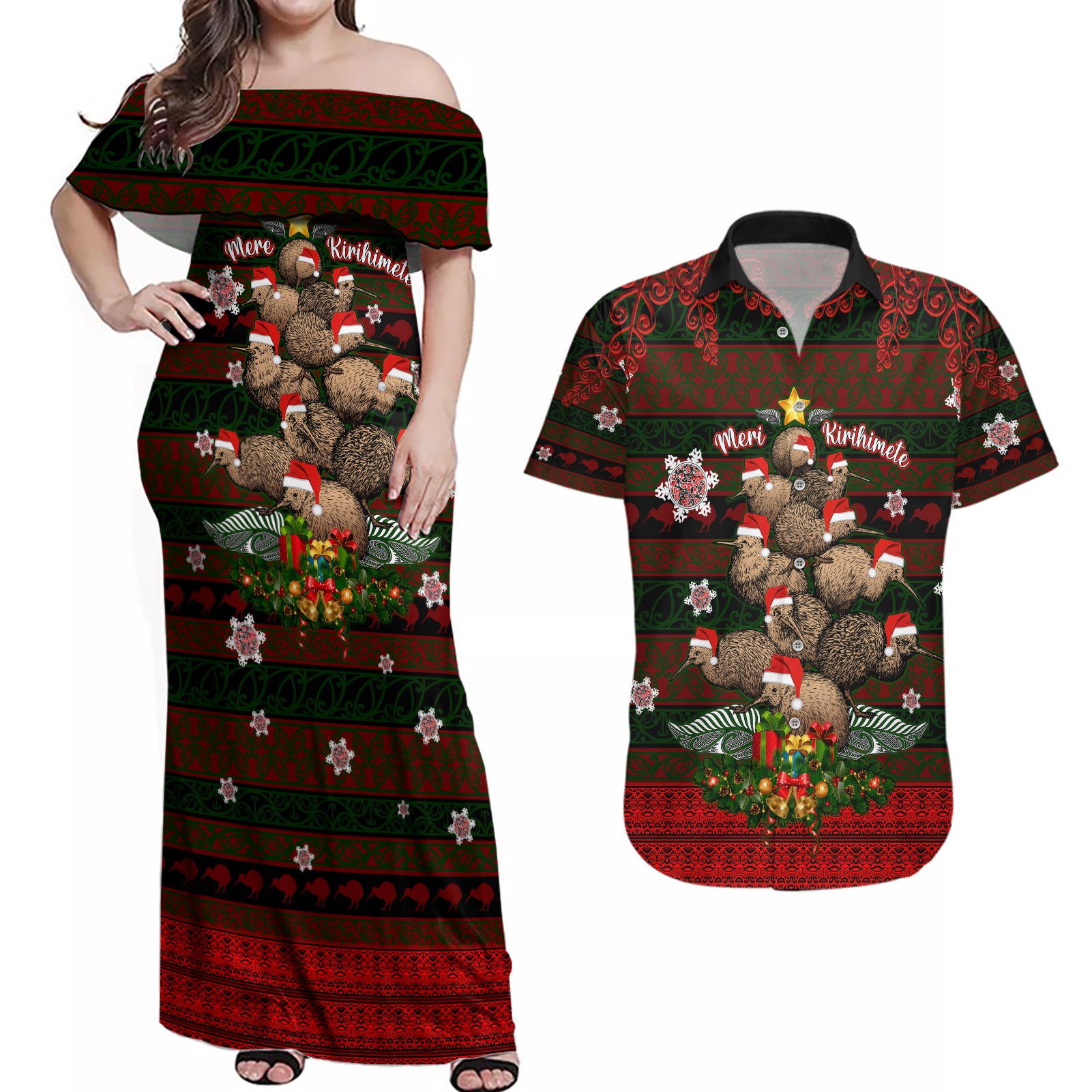 Meri Kirihimete New Zealand Couples Matching Off Shoulder Maxi Dress and Hawaiian Shirt Christmas Kiwi Maori - Wonder Print Shop