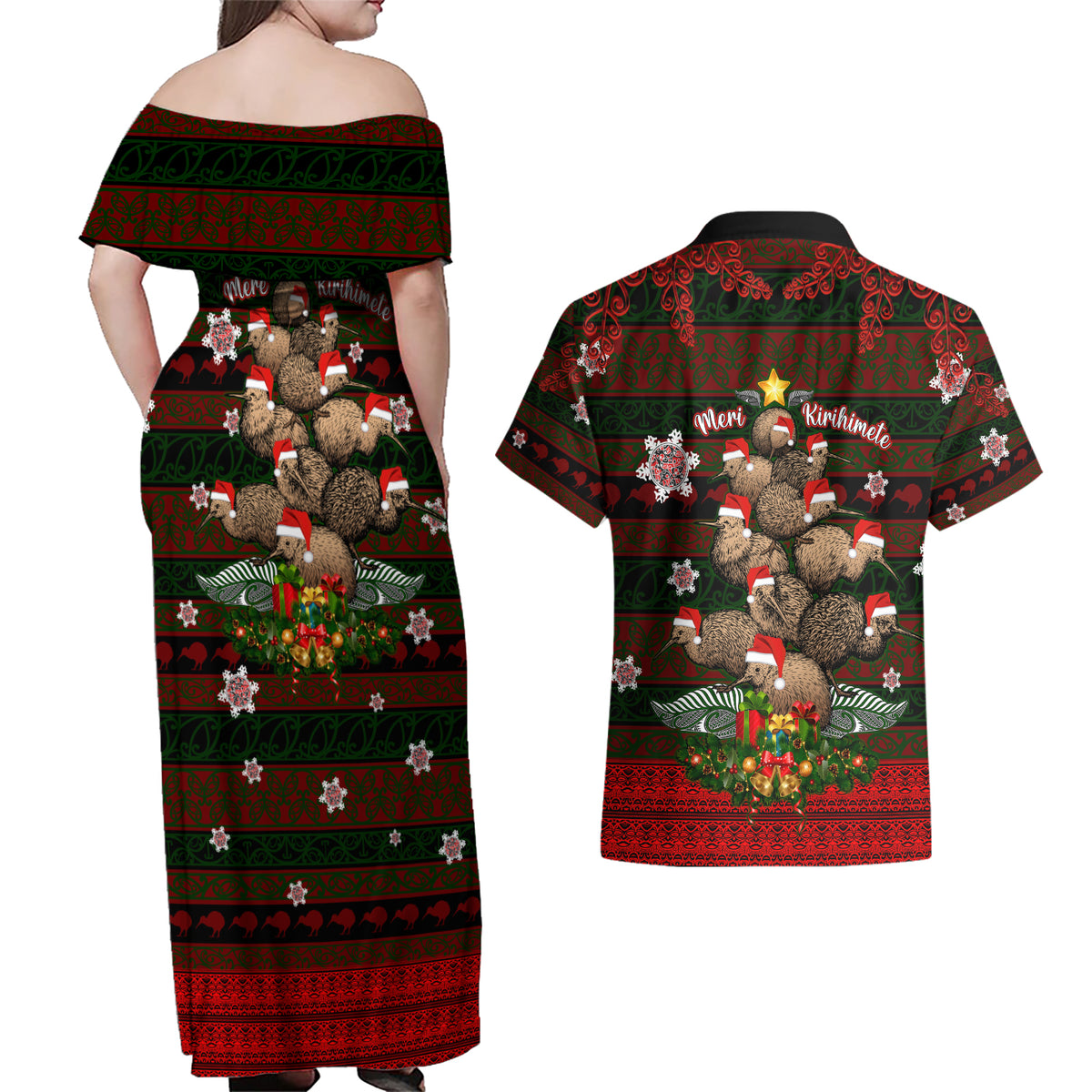Meri Kirihimete New Zealand Couples Matching Off Shoulder Maxi Dress and Hawaiian Shirt Christmas Kiwi Maori - Wonder Print Shop