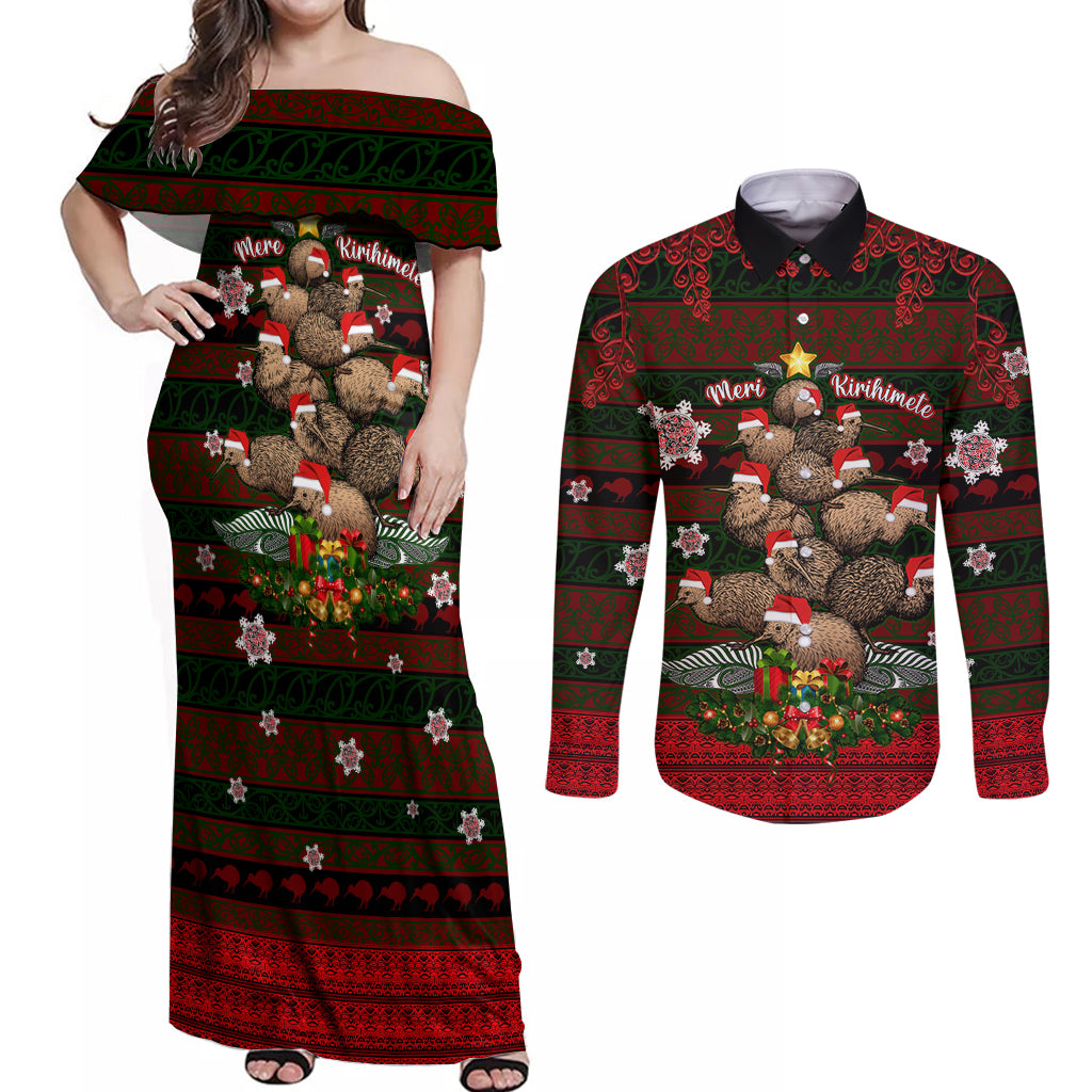 Meri Kirihimete New Zealand Couples Matching Off Shoulder Maxi Dress and Long Sleeve Button Shirts Christmas Kiwi Maori - Wonder Print Shop
