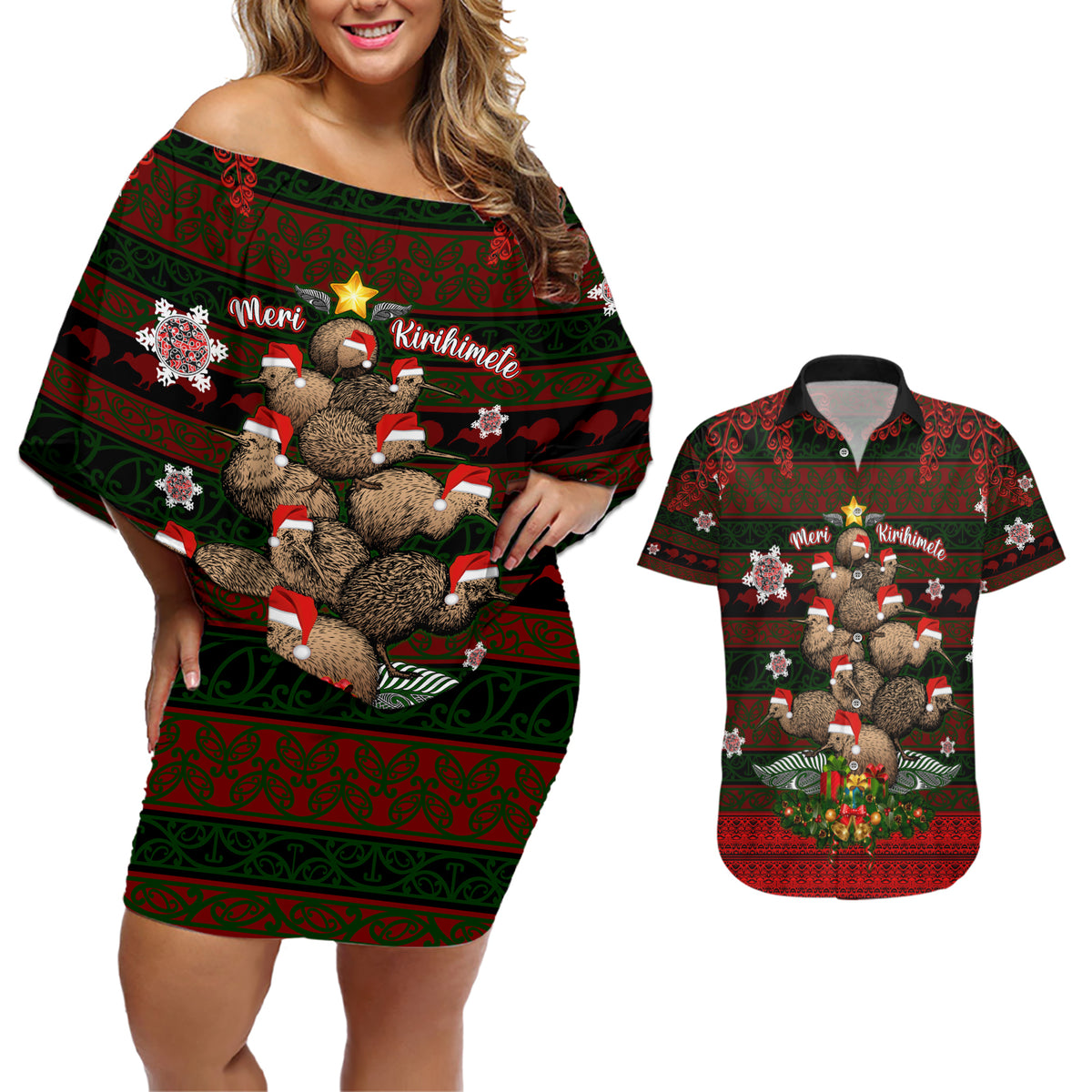 Meri Kirihimete New Zealand Couples Matching Off Shoulder Short Dress and Hawaiian Shirt Christmas Kiwi Maori - Wonder Print Shop