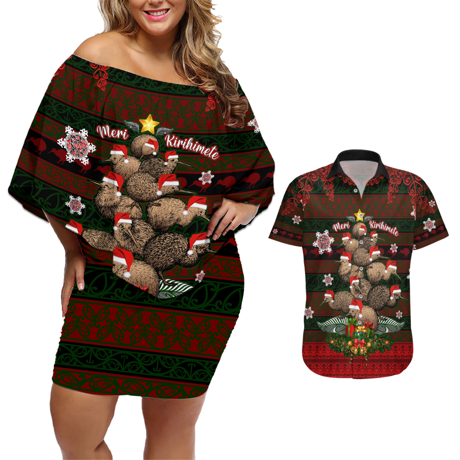 Meri Kirihimete New Zealand Couples Matching Off Shoulder Short Dress and Hawaiian Shirt Christmas Kiwi Maori - Wonder Print Shop