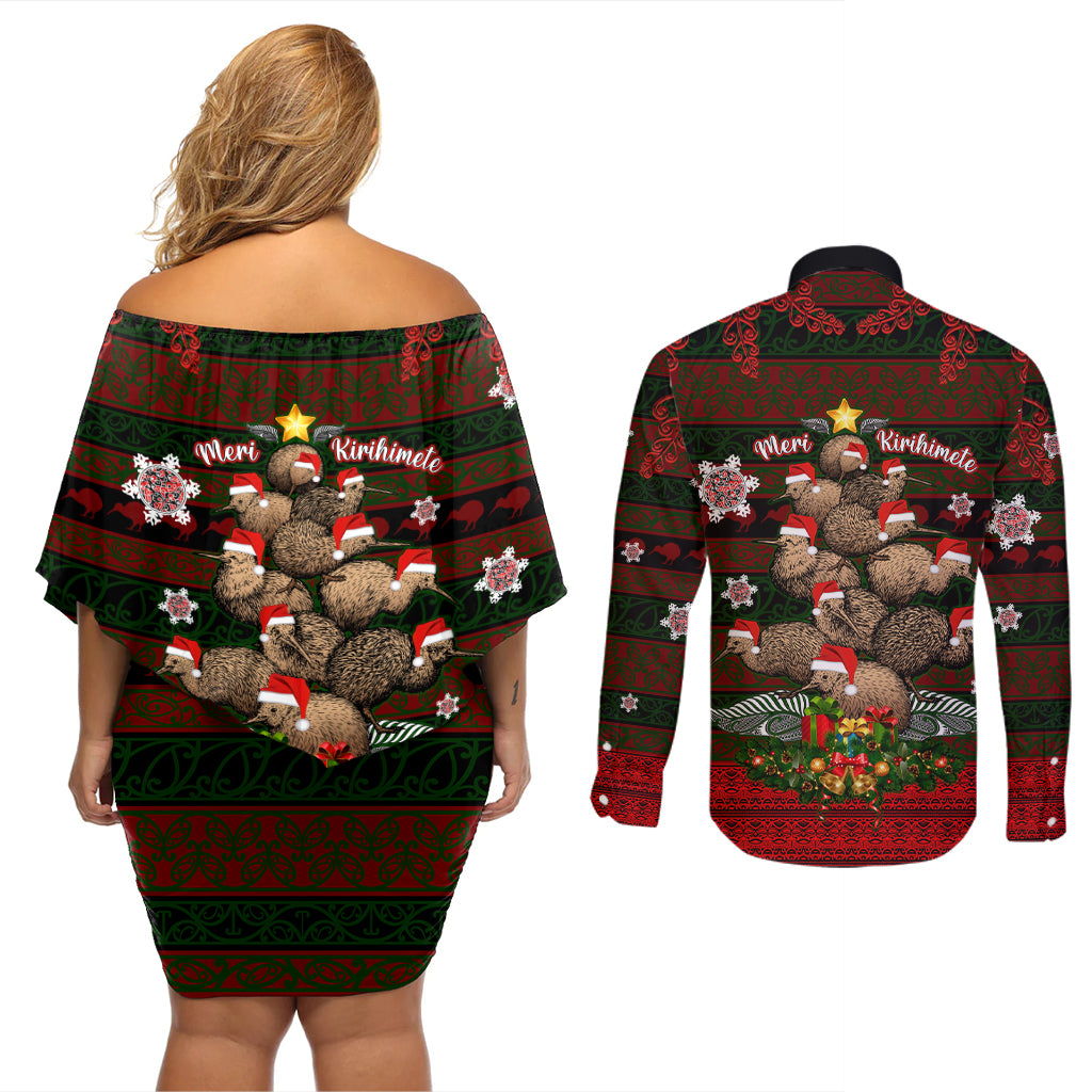 Meri Kirihimete New Zealand Couples Matching Off Shoulder Short Dress and Long Sleeve Button Shirts Christmas Kiwi Maori - Wonder Print Shop