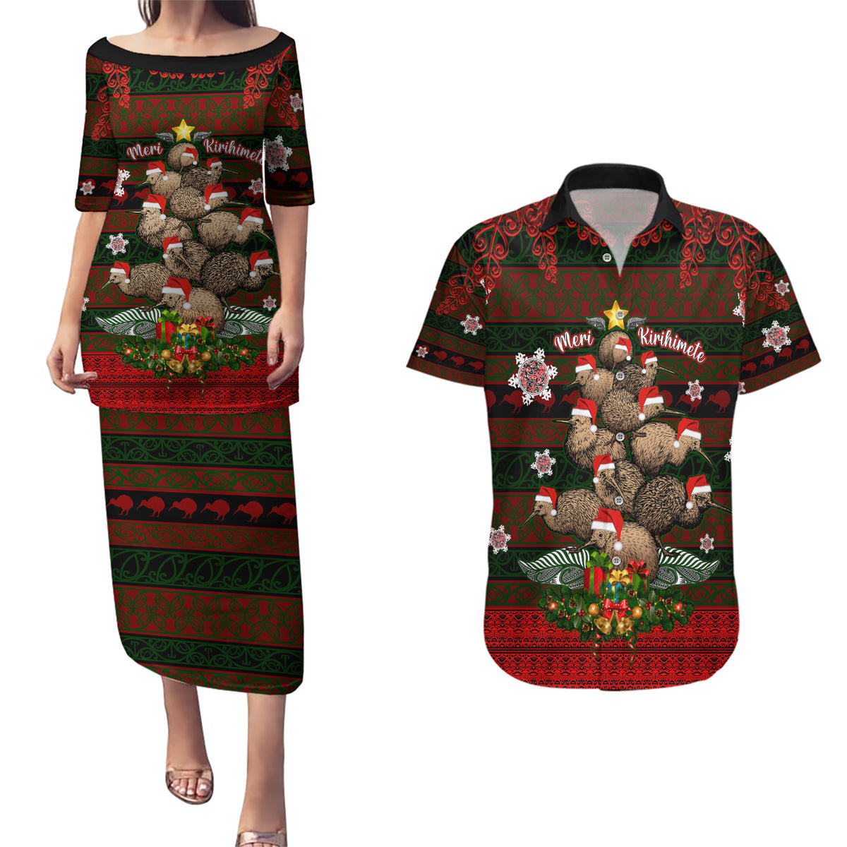 Meri Kirihimete New Zealand Couples Matching Puletasi Dress and Hawaiian Shirt Christmas Kiwi Maori - Wonder Print Shop