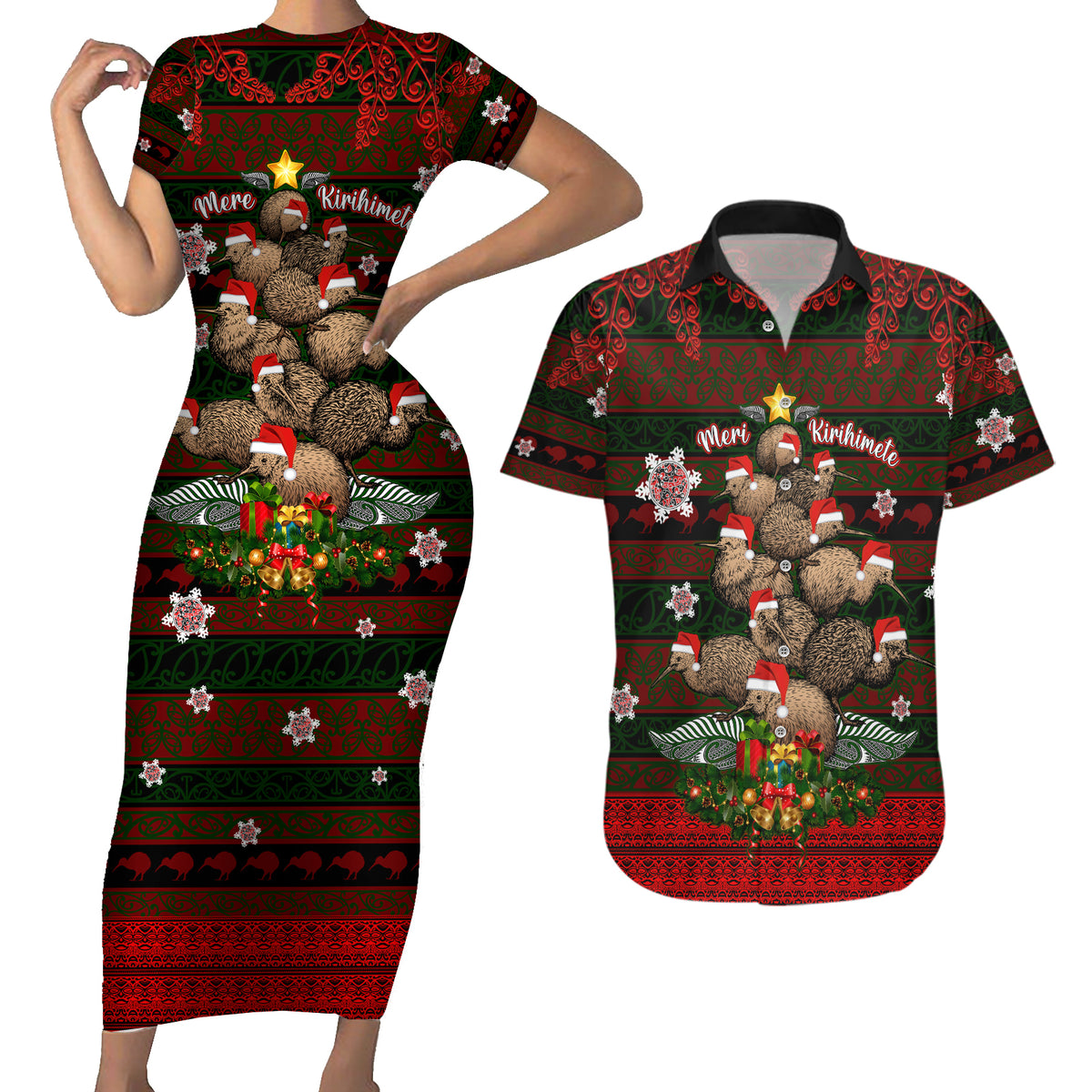 Meri Kirihimete New Zealand Couples Matching Short Sleeve Bodycon Dress and Hawaiian Shirt Christmas Kiwi Maori - Wonder Print Shop