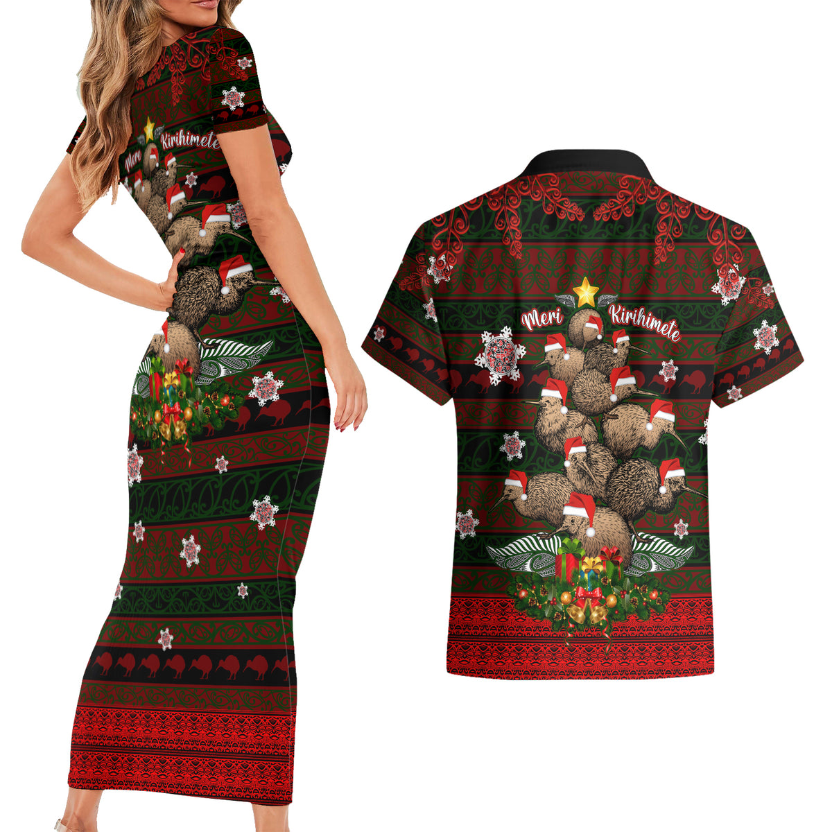 Meri Kirihimete New Zealand Couples Matching Short Sleeve Bodycon Dress and Hawaiian Shirt Christmas Kiwi Maori - Wonder Print Shop