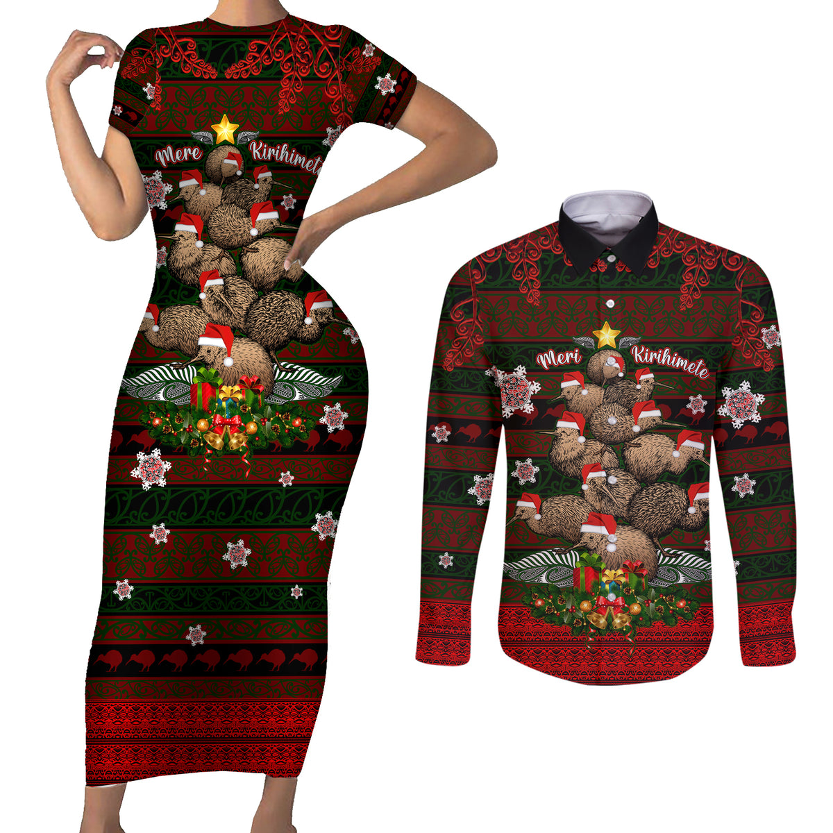 Meri Kirihimete New Zealand Couples Matching Short Sleeve Bodycon Dress and Long Sleeve Button Shirts Christmas Kiwi Maori - Wonder Print Shop