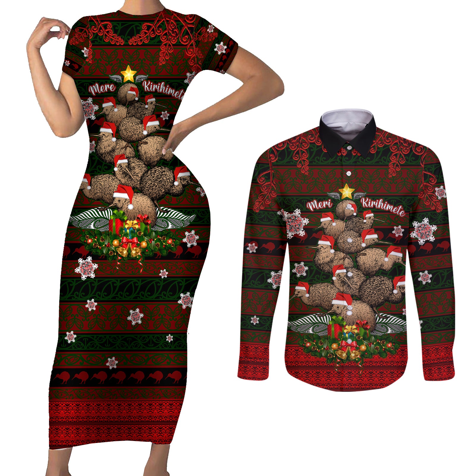 Meri Kirihimete New Zealand Couples Matching Short Sleeve Bodycon Dress and Long Sleeve Button Shirts Christmas Kiwi Maori - Wonder Print Shop