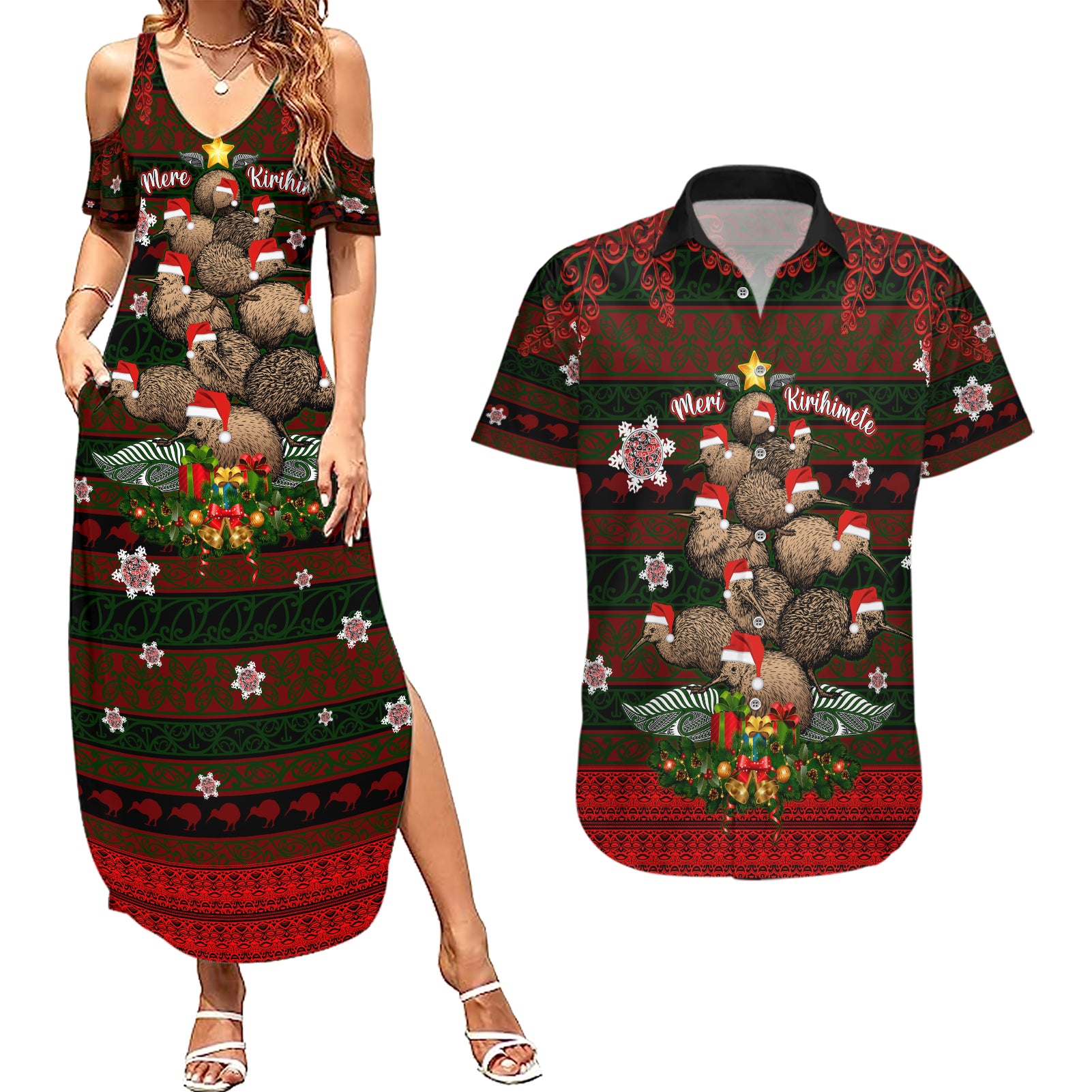 Meri Kirihimete New Zealand Couples Matching Summer Maxi Dress and Hawaiian Shirt Christmas Kiwi Maori - Wonder Print Shop