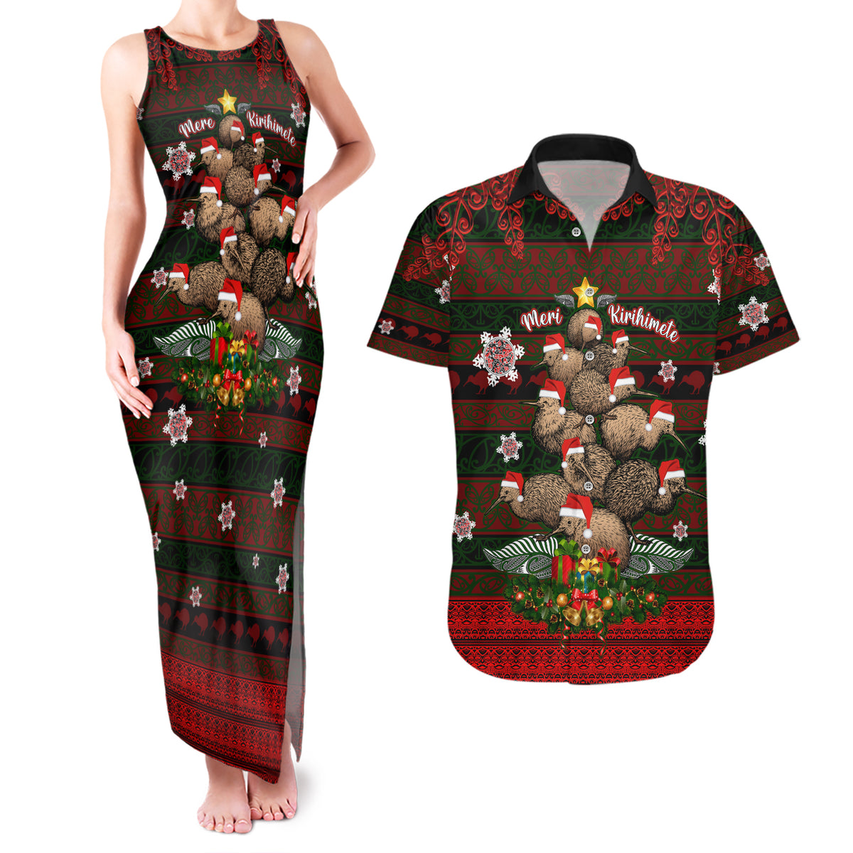Meri Kirihimete New Zealand Couples Matching Tank Maxi Dress and Hawaiian Shirt Christmas Kiwi Maori - Wonder Print Shop