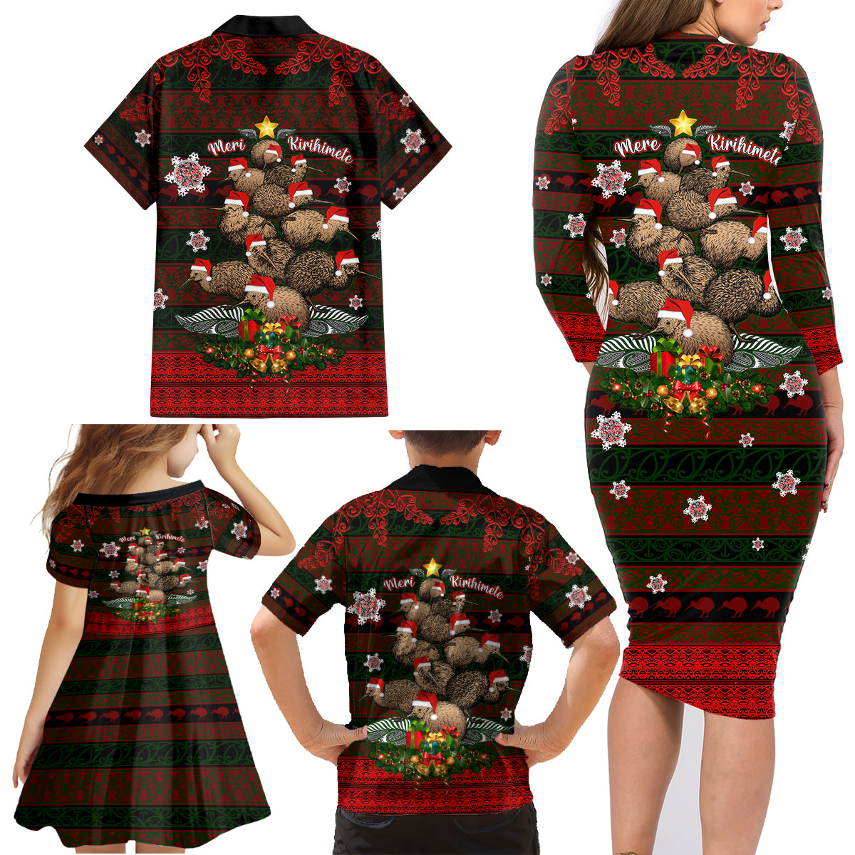 Meri Kirihimete New Zealand Family Matching Long Sleeve Bodycon Dress and Hawaiian Shirt Christmas Kiwi Maori - Wonder Print Shop