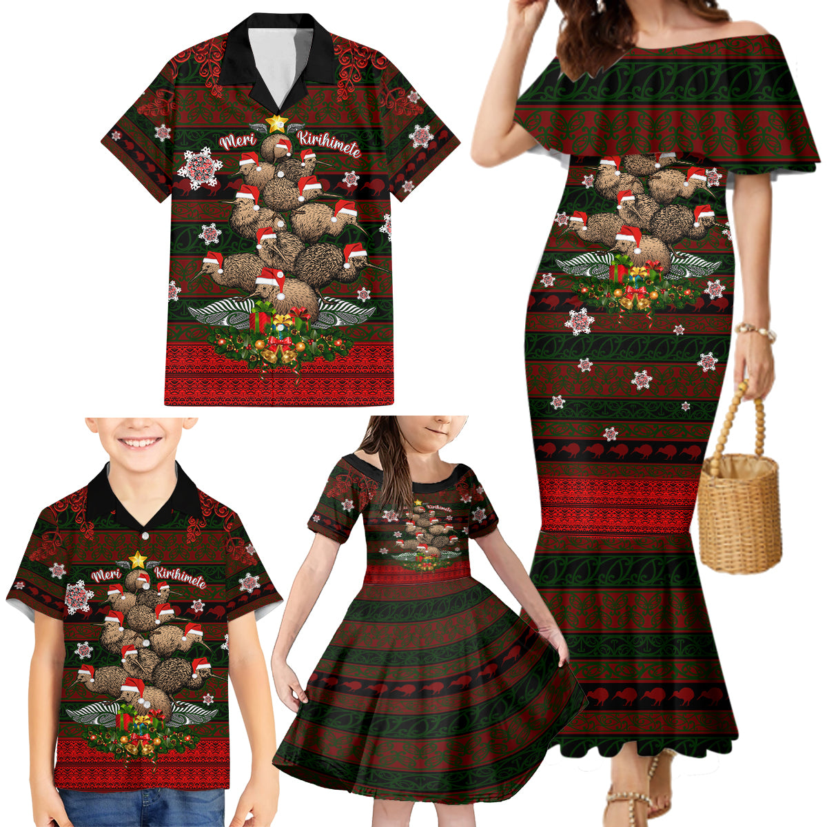 Meri Kirihimete New Zealand Family Matching Mermaid Dress and Hawaiian Shirt Christmas Kiwi Maori - Wonder Print Shop