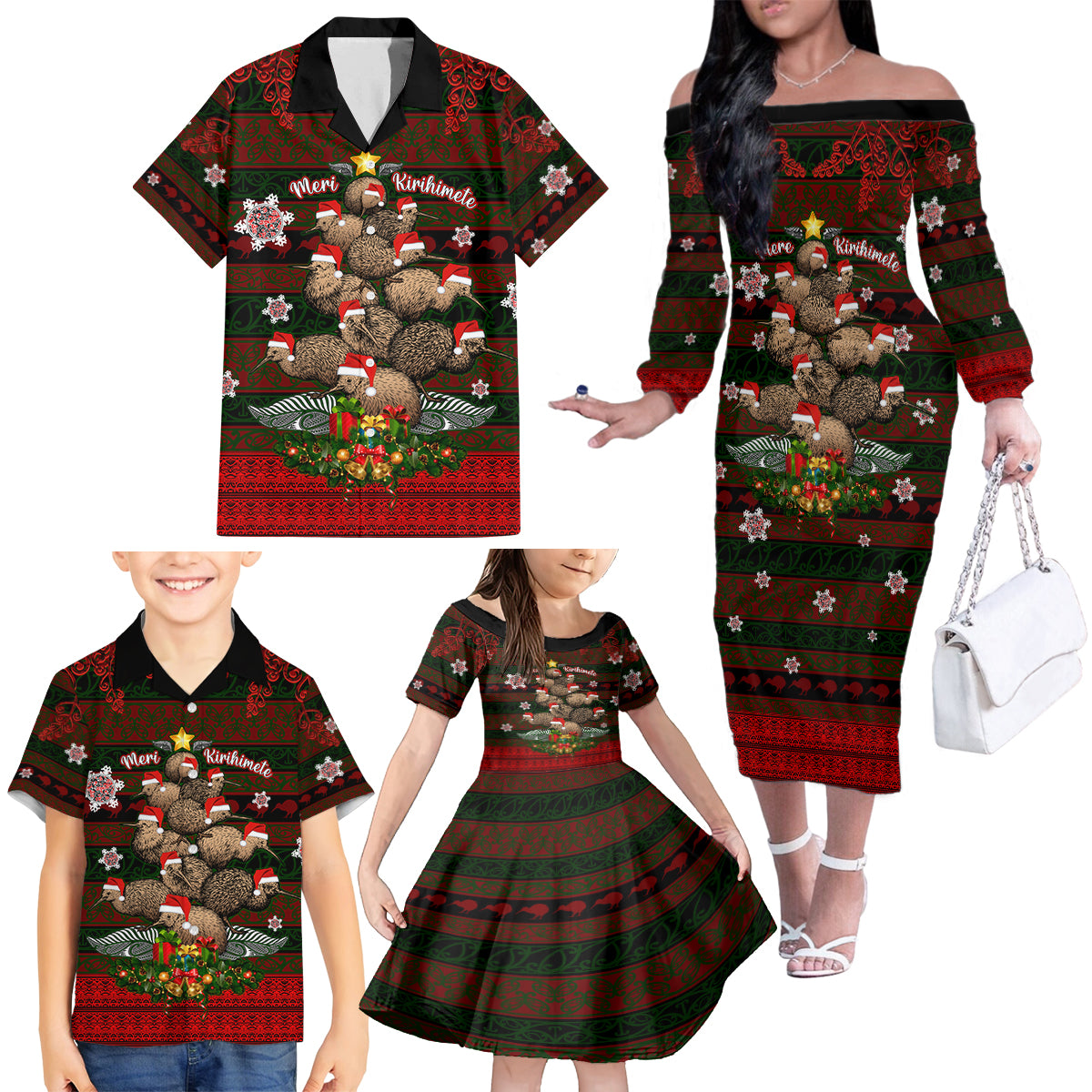 Meri Kirihimete New Zealand Family Matching Off Shoulder Long Sleeve Dress and Hawaiian Shirt Christmas Kiwi Maori - Wonder Print Shop