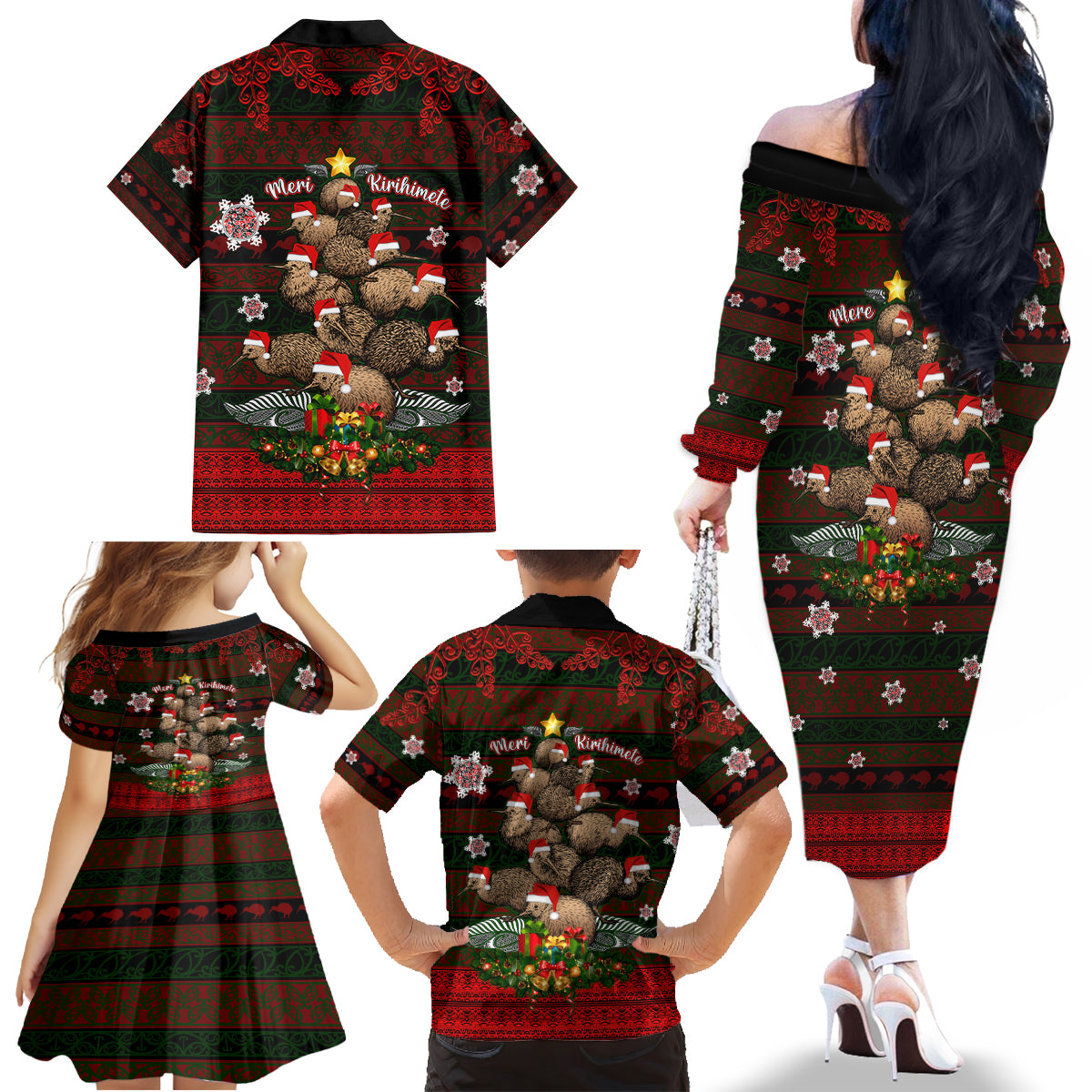Meri Kirihimete New Zealand Family Matching Off Shoulder Long Sleeve Dress and Hawaiian Shirt Christmas Kiwi Maori - Wonder Print Shop