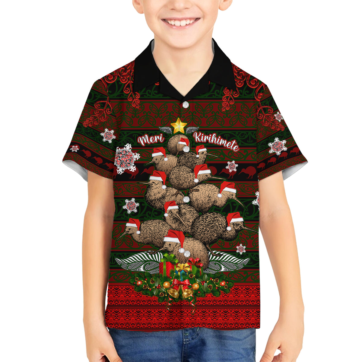 Meri Kirihimete New Zealand Family Matching Off Shoulder Long Sleeve Dress and Hawaiian Shirt Christmas Kiwi Maori - Wonder Print Shop