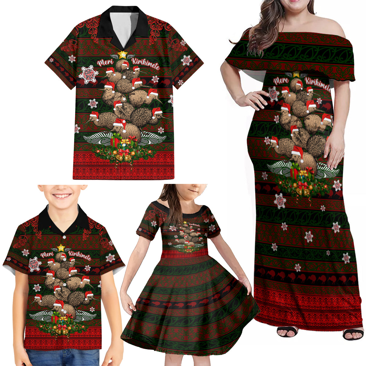 Meri Kirihimete New Zealand Family Matching Off Shoulder Maxi Dress and Hawaiian Shirt Christmas Kiwi Maori - Wonder Print Shop