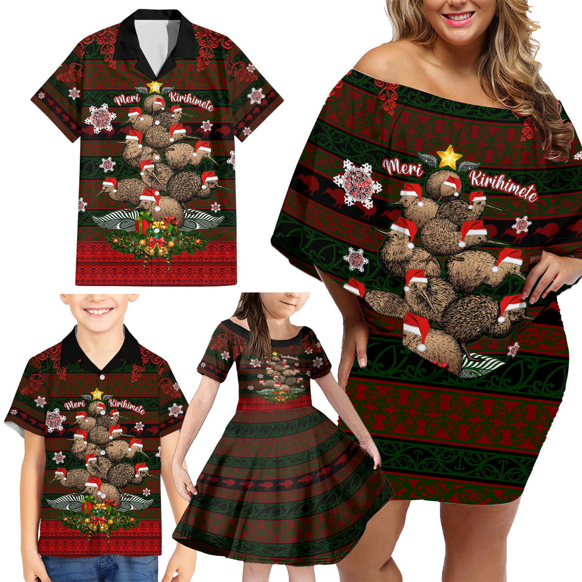 Meri Kirihimete New Zealand Family Matching Off Shoulder Short Dress and Hawaiian Shirt Christmas Kiwi Maori - Wonder Print Shop
