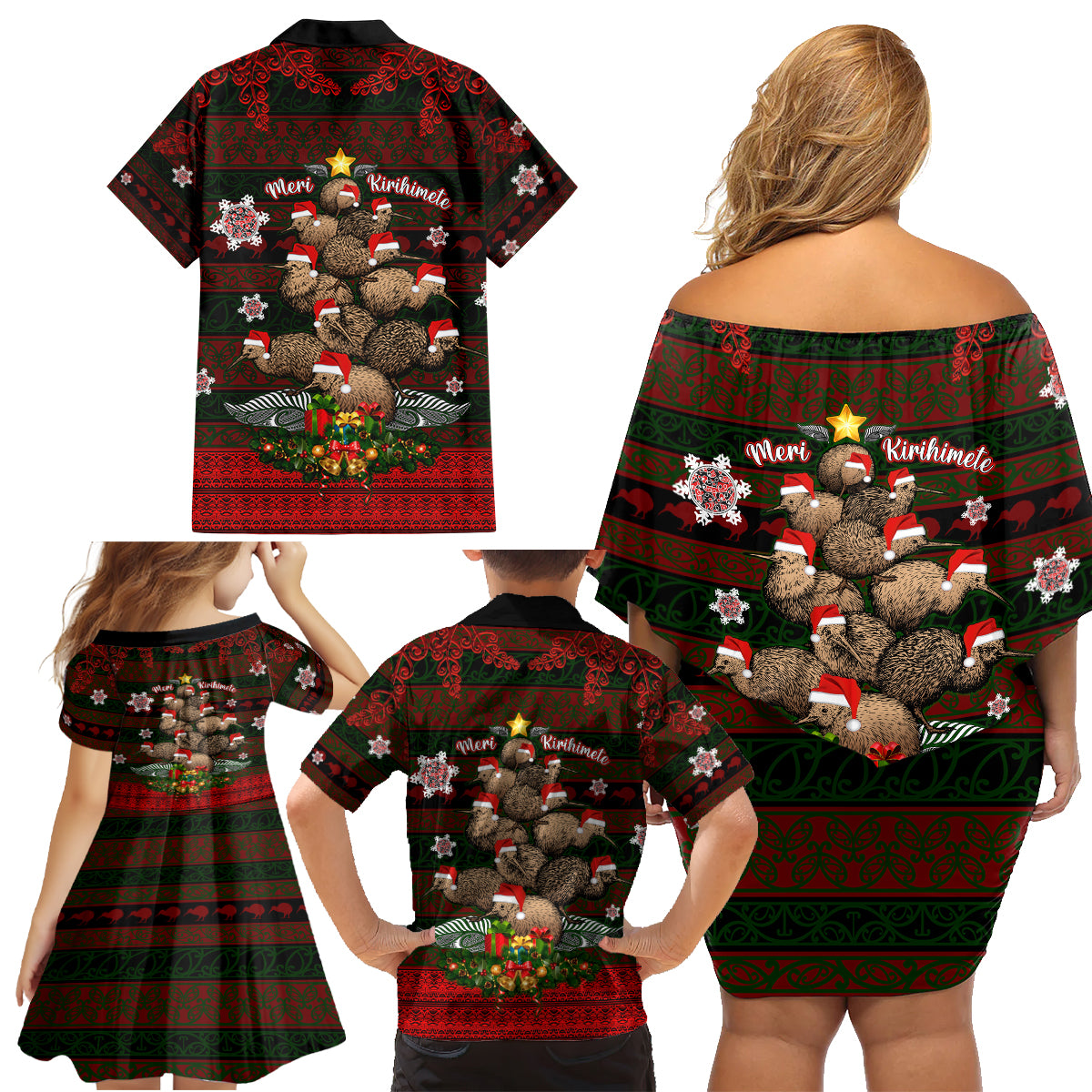 Meri Kirihimete New Zealand Family Matching Off Shoulder Short Dress and Hawaiian Shirt Christmas Kiwi Maori - Wonder Print Shop