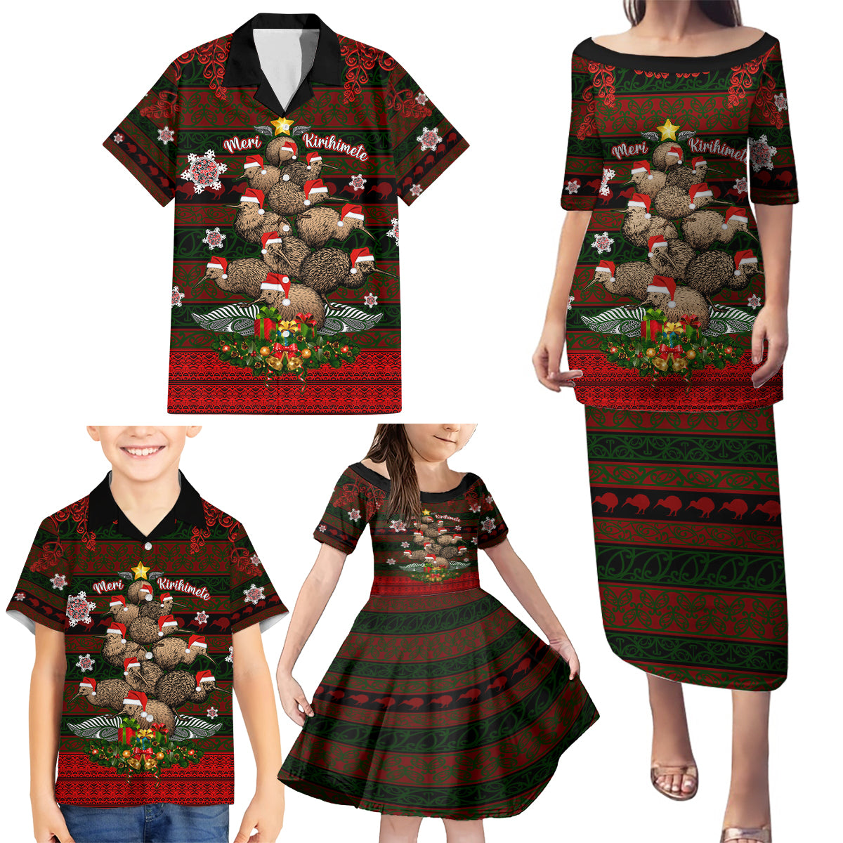 Meri Kirihimete New Zealand Family Matching Puletasi Dress and Hawaiian Shirt Christmas Kiwi Maori - Wonder Print Shop