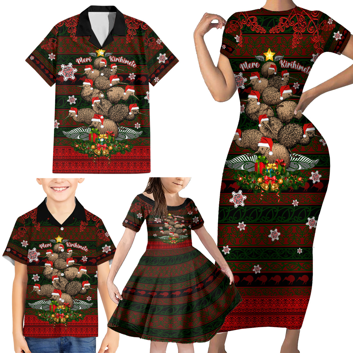 Meri Kirihimete New Zealand Family Matching Short Sleeve Bodycon Dress and Hawaiian Shirt Christmas Kiwi Maori - Wonder Print Shop