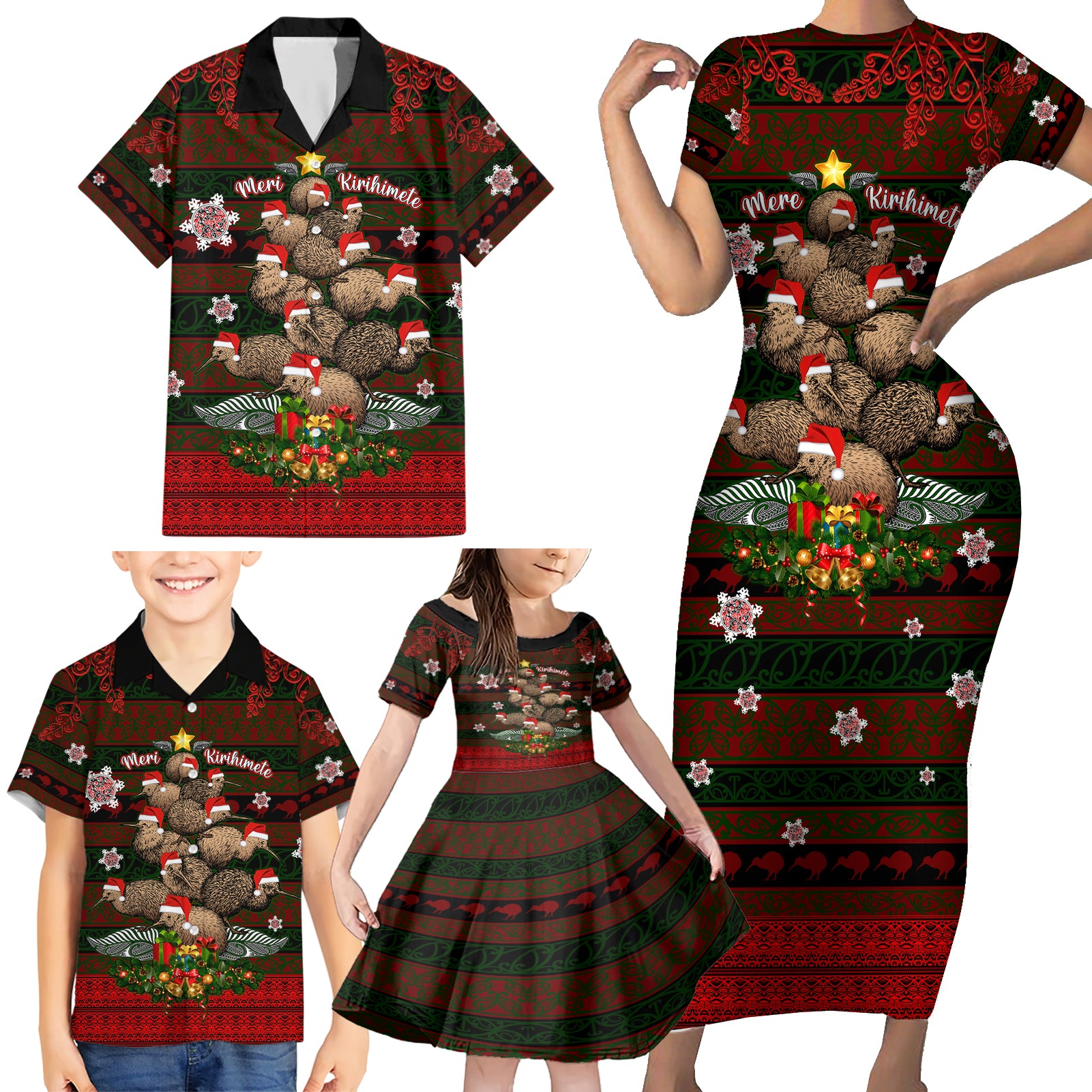 Meri Kirihimete New Zealand Family Matching Short Sleeve Bodycon Dress and Hawaiian Shirt Christmas Kiwi Maori - Wonder Print Shop