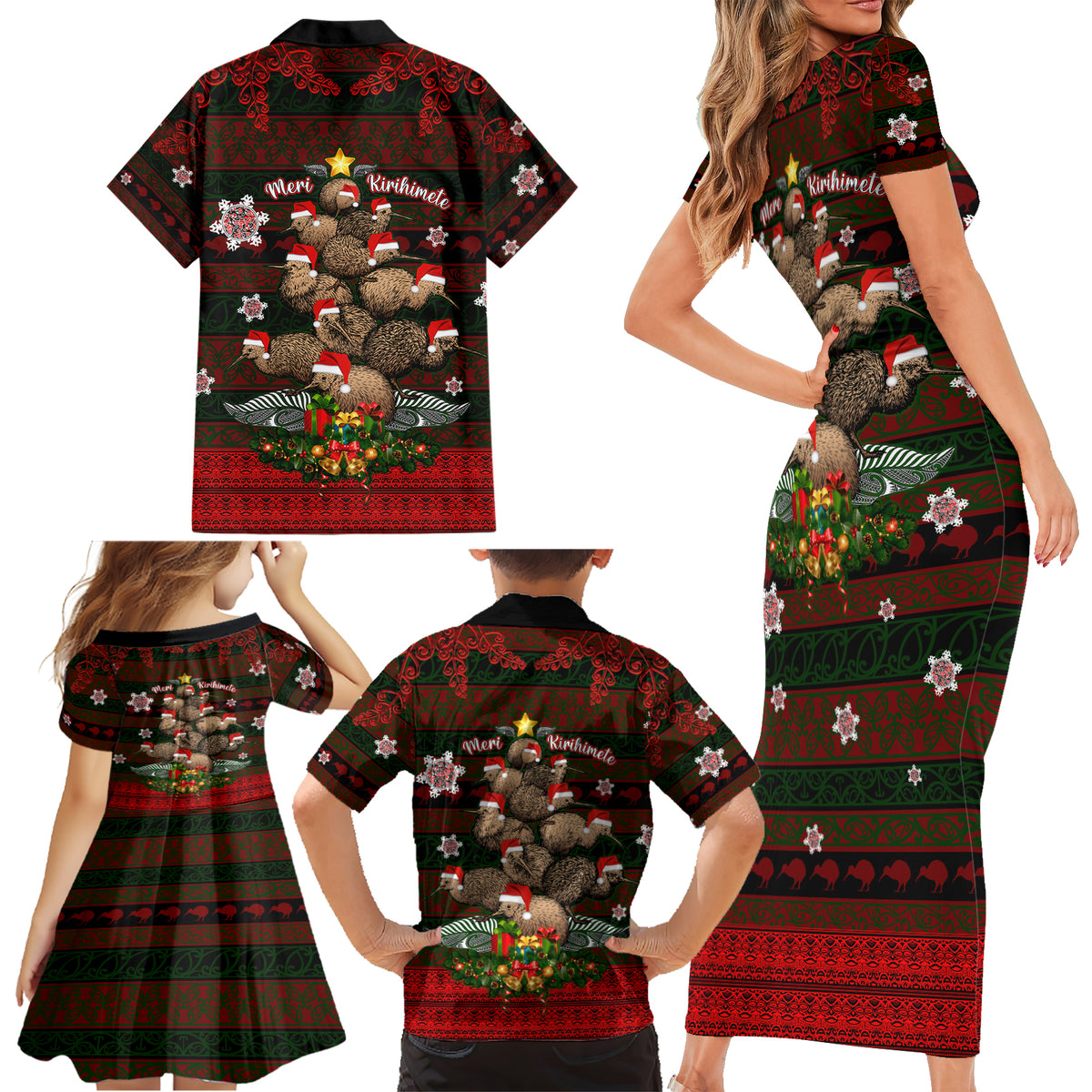 Meri Kirihimete New Zealand Family Matching Short Sleeve Bodycon Dress and Hawaiian Shirt Christmas Kiwi Maori - Wonder Print Shop