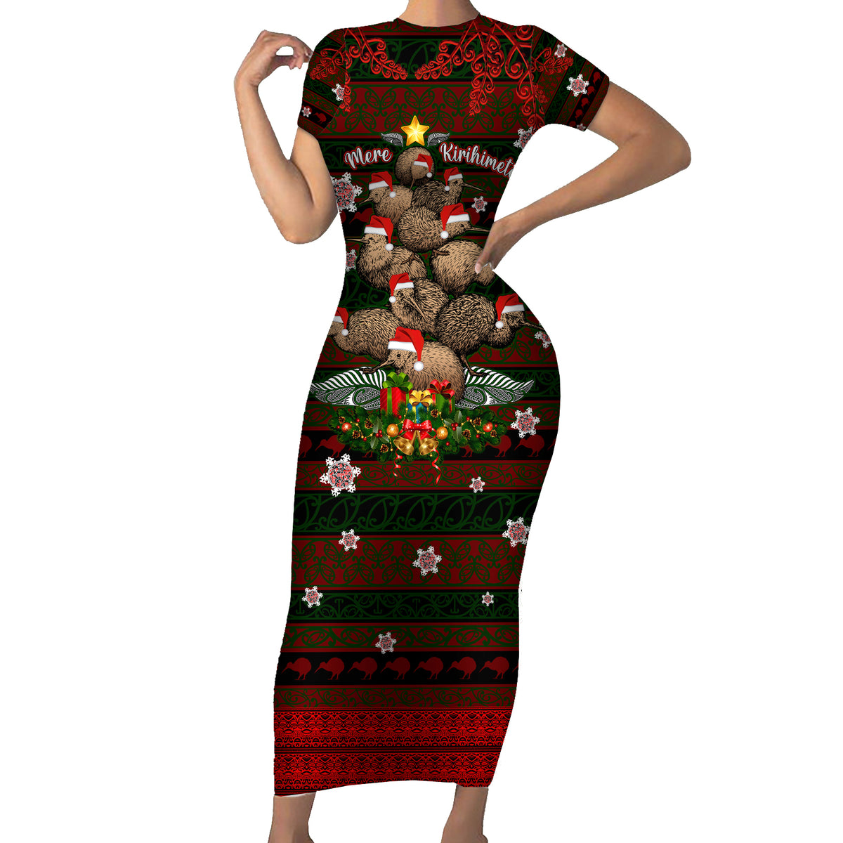 Meri Kirihimete New Zealand Family Matching Short Sleeve Bodycon Dress and Hawaiian Shirt Christmas Kiwi Maori - Wonder Print Shop