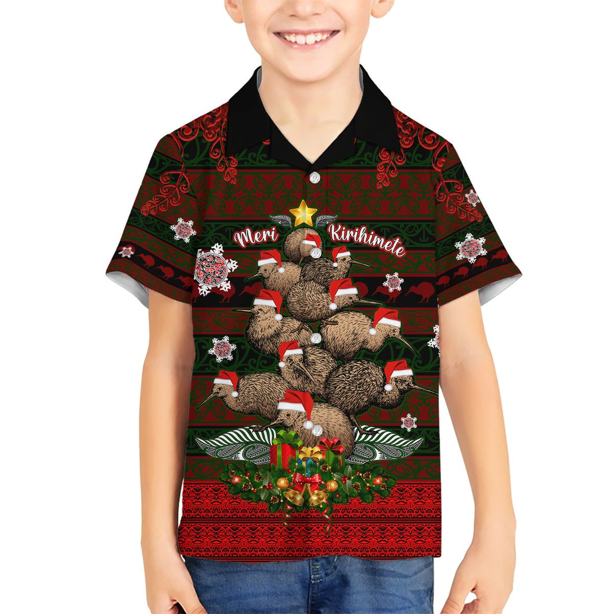 Meri Kirihimete New Zealand Family Matching Short Sleeve Bodycon Dress and Hawaiian Shirt Christmas Kiwi Maori - Wonder Print Shop