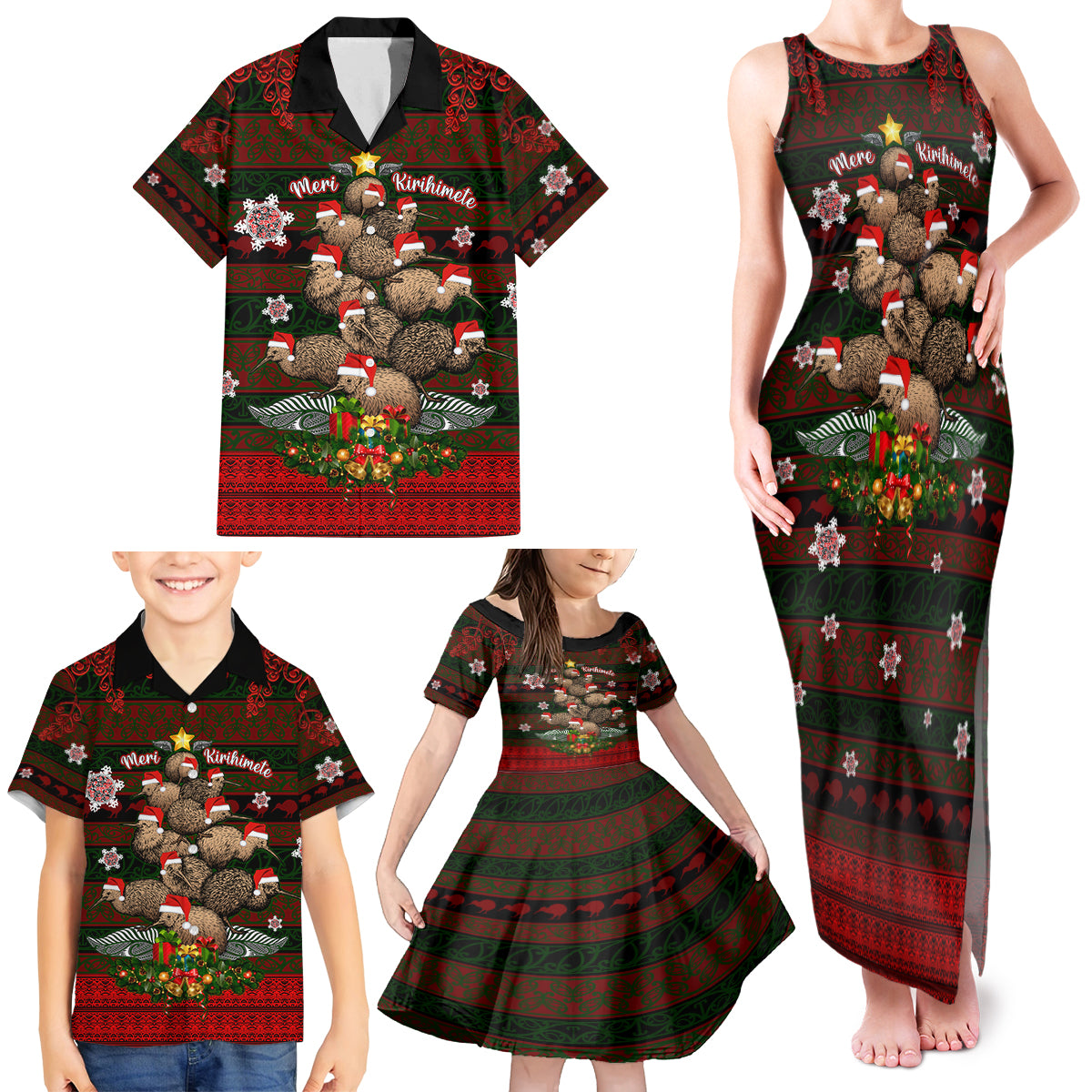 Meri Kirihimete New Zealand Family Matching Tank Maxi Dress and Hawaiian Shirt Christmas Kiwi Maori - Wonder Print Shop