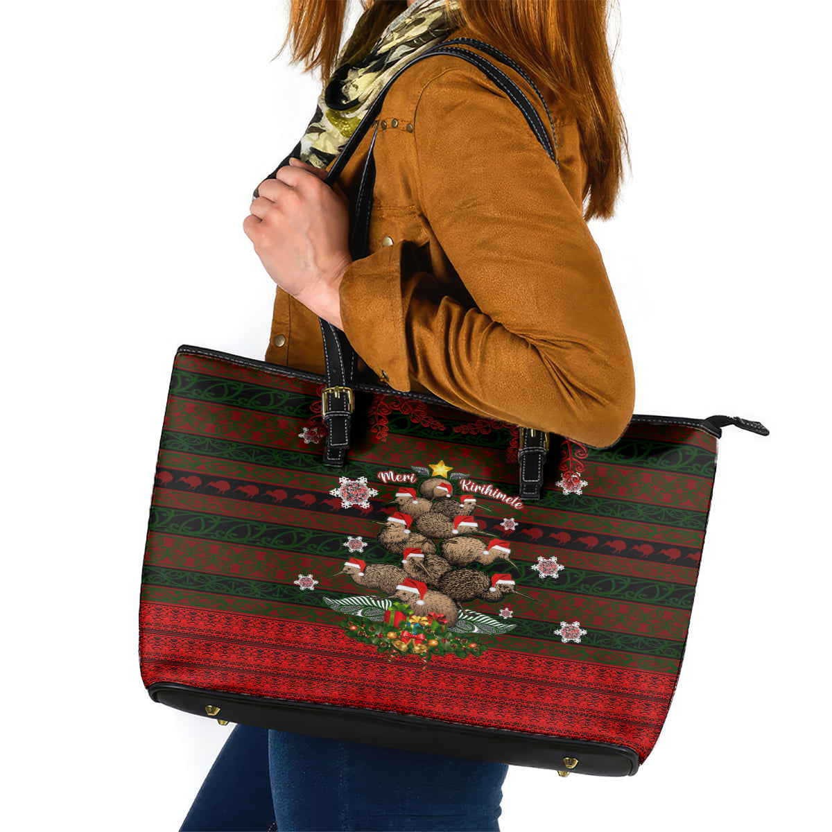 Meri Kirihimete New Zealand Leather Tote Bag Christmas Kiwi Maori - Wonder Print Shop