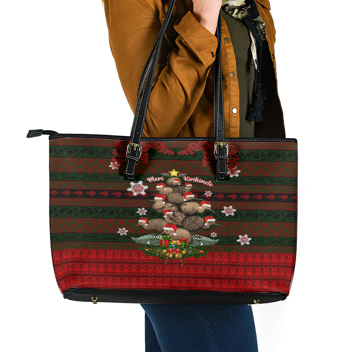 Meri Kirihimete New Zealand Leather Tote Bag Christmas Kiwi Maori - Wonder Print Shop