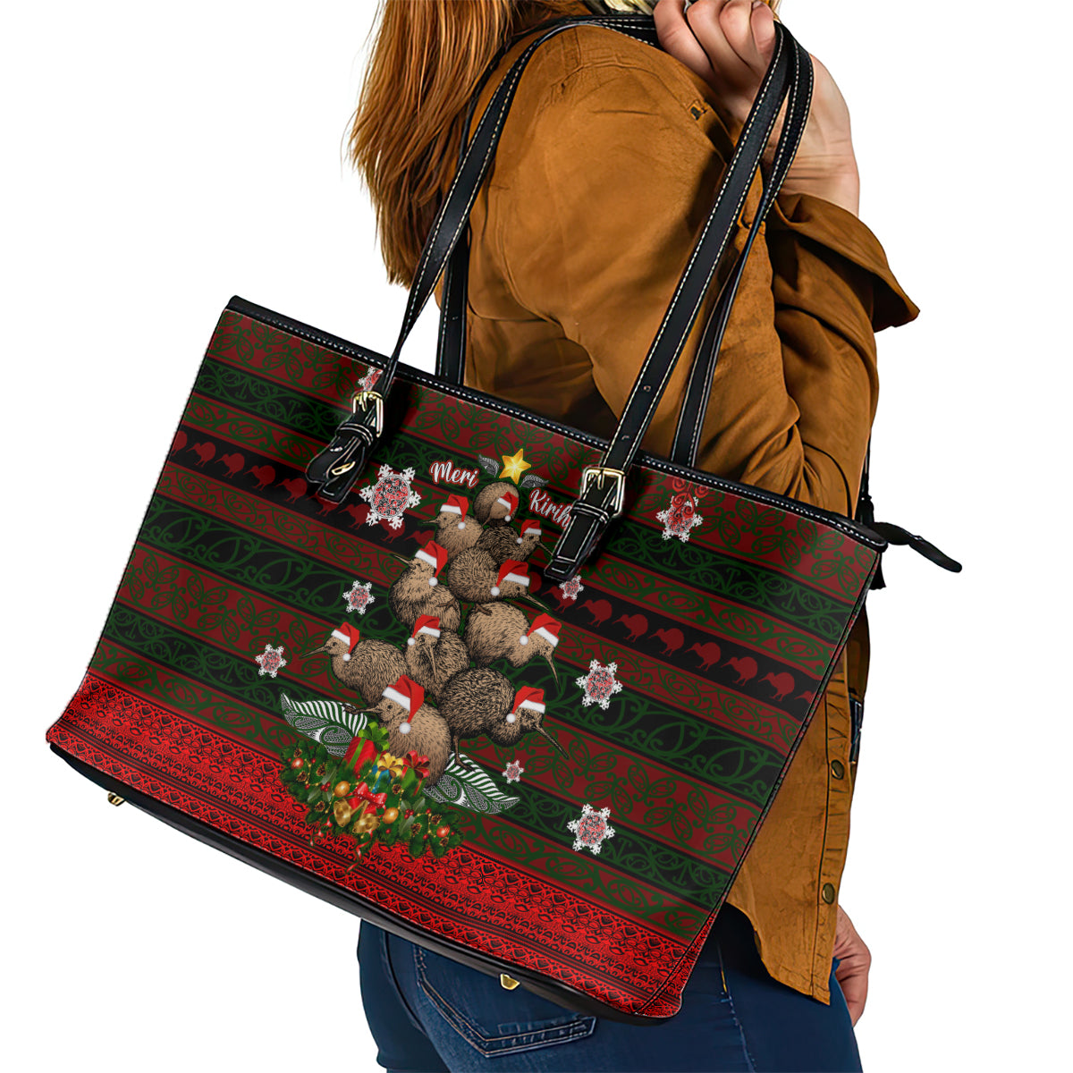 Meri Kirihimete New Zealand Leather Tote Bag Christmas Kiwi Maori - Wonder Print Shop