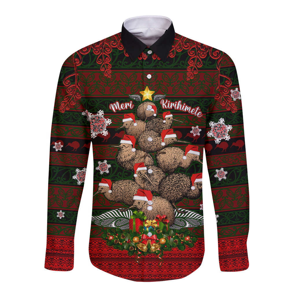 Meri Kirihimete New Zealand Long Sleeve Button Shirt Christmas Kiwi Maori - Wonder Print Shop