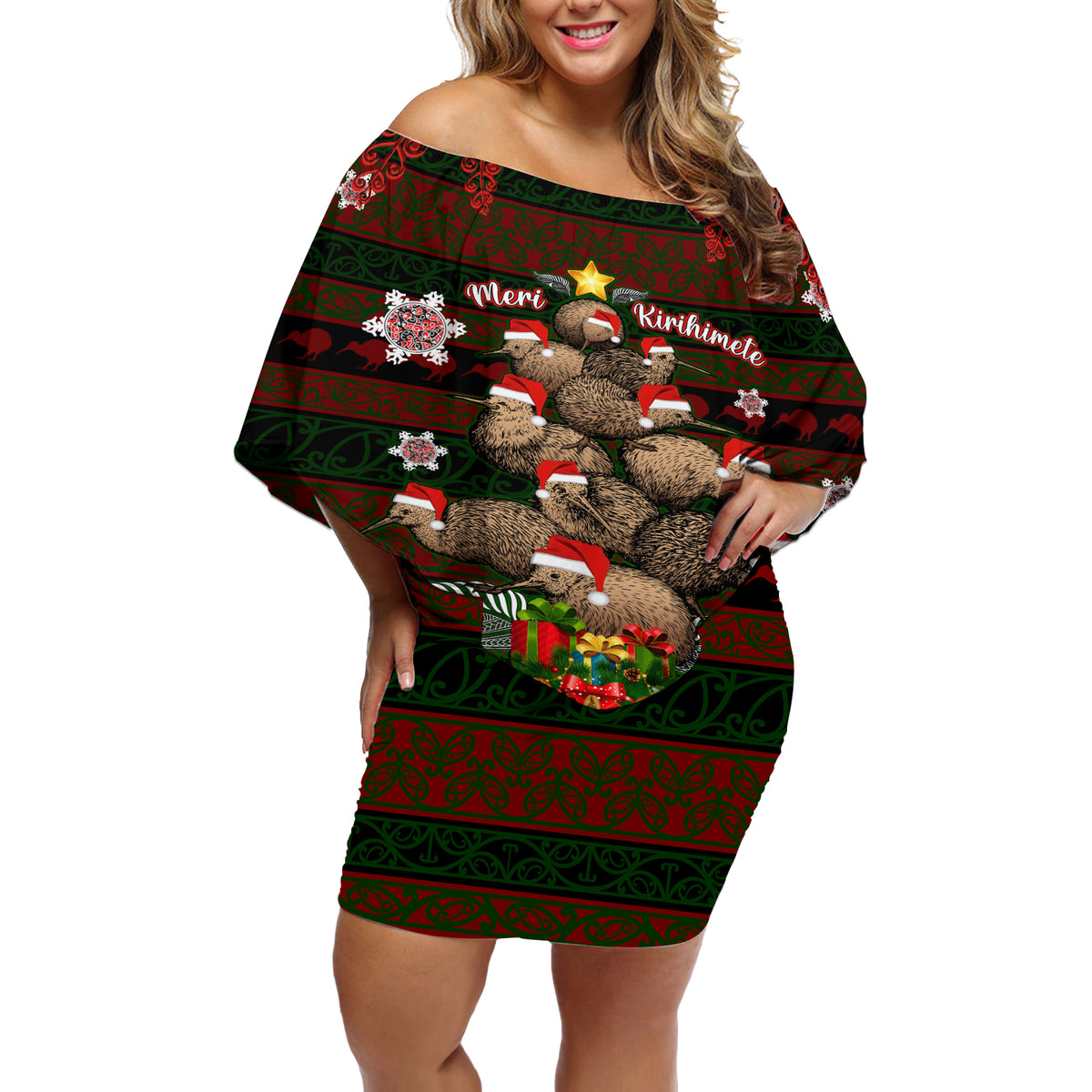 Meri Kirihimete New Zealand Off Shoulder Short Dress Christmas Kiwi Maori - Wonder Print Shop