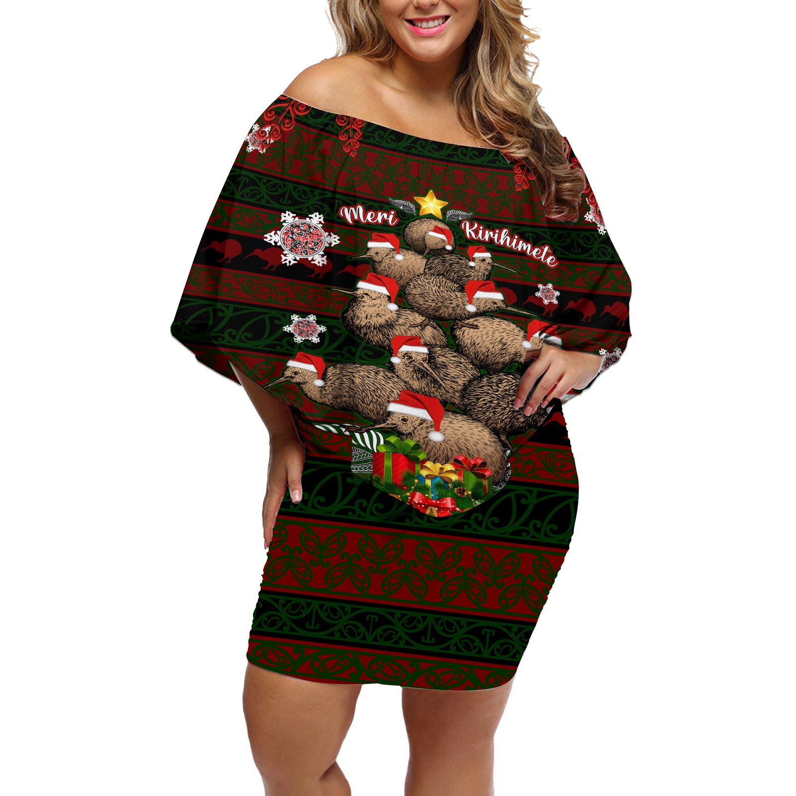 Meri Kirihimete New Zealand Off Shoulder Short Dress Christmas Kiwi Maori - Wonder Print Shop