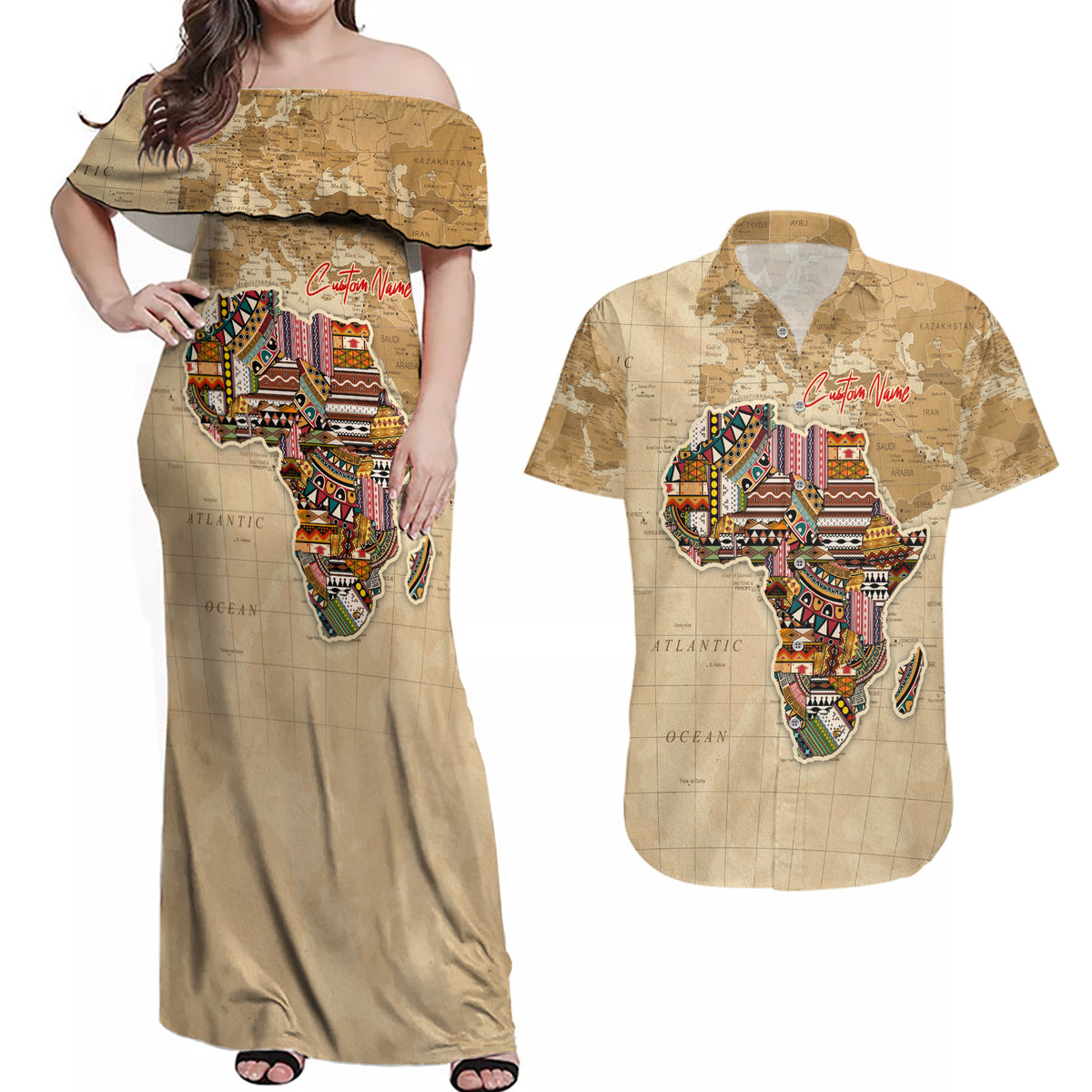 Personalized Africa On World Map Couples Matching Off Shoulder Maxi Dress and Hawaiian Shirt - Wonder Print Shop
