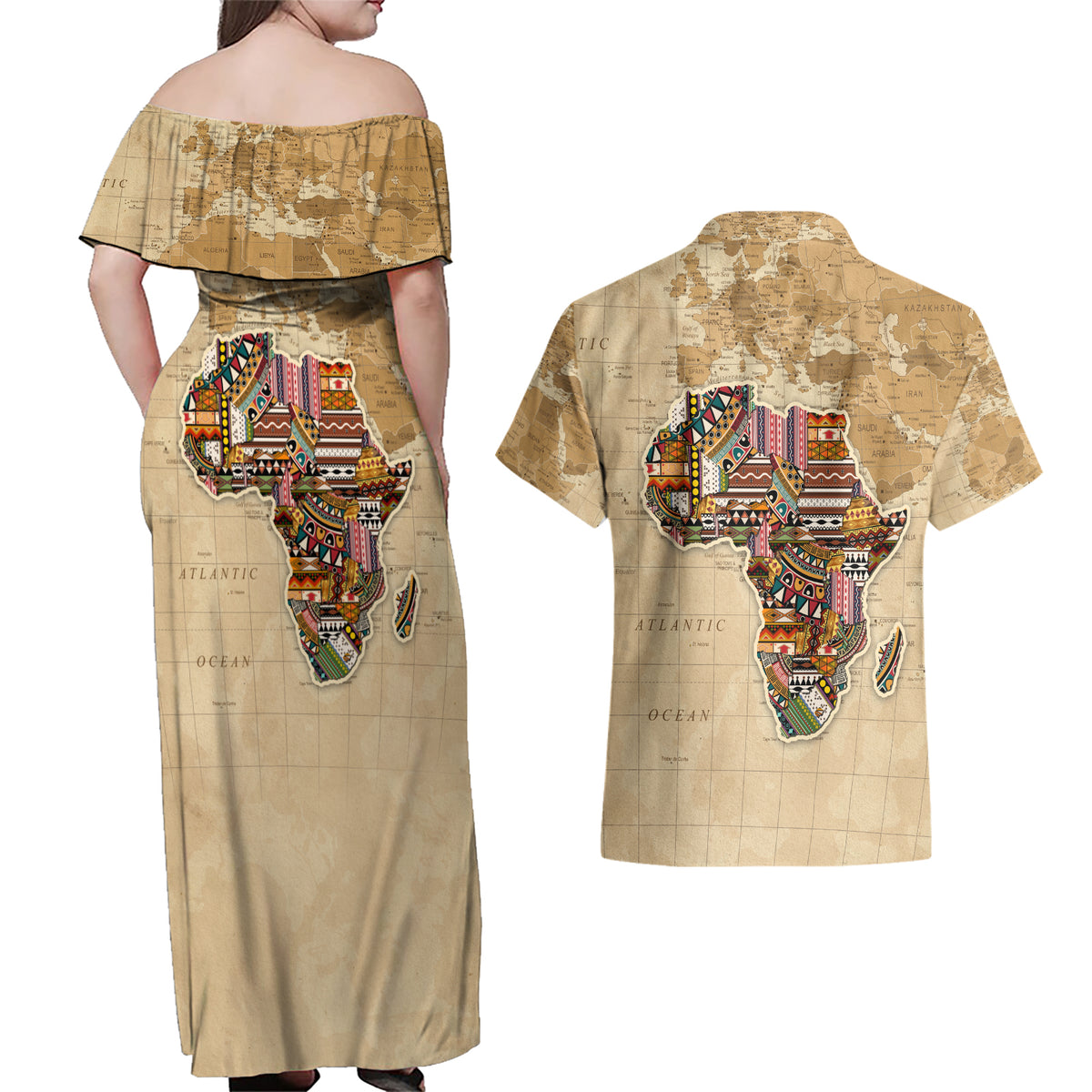 Personalized Africa On World Map Couples Matching Off Shoulder Maxi Dress and Hawaiian Shirt - Wonder Print Shop
