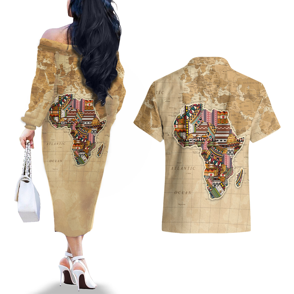 Personalized Africa On World Map Couples Matching Off The Shoulder Long Sleeve Dress and Hawaiian Shirt - Wonder Print Shop