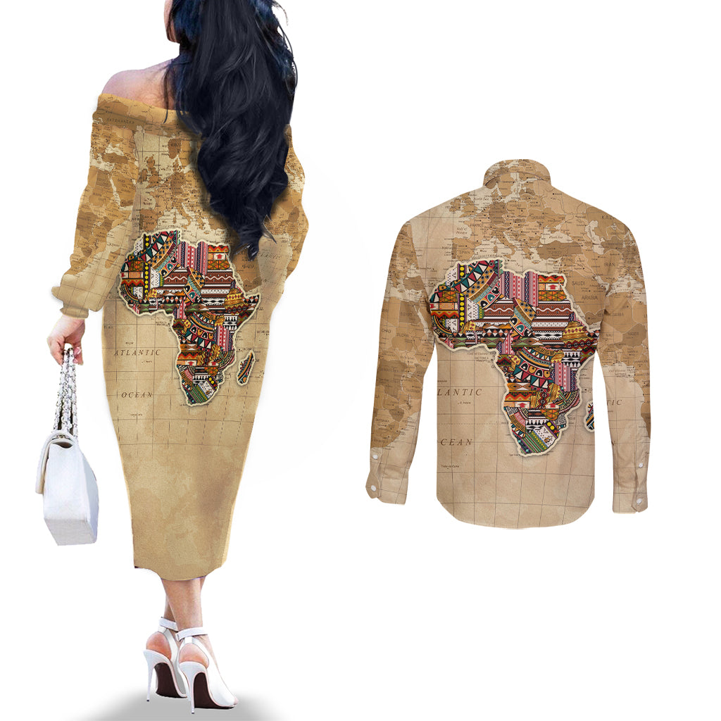 Personalized Africa On World Map Couples Matching Off The Shoulder Long Sleeve Dress and Long Sleeve Button Shirt