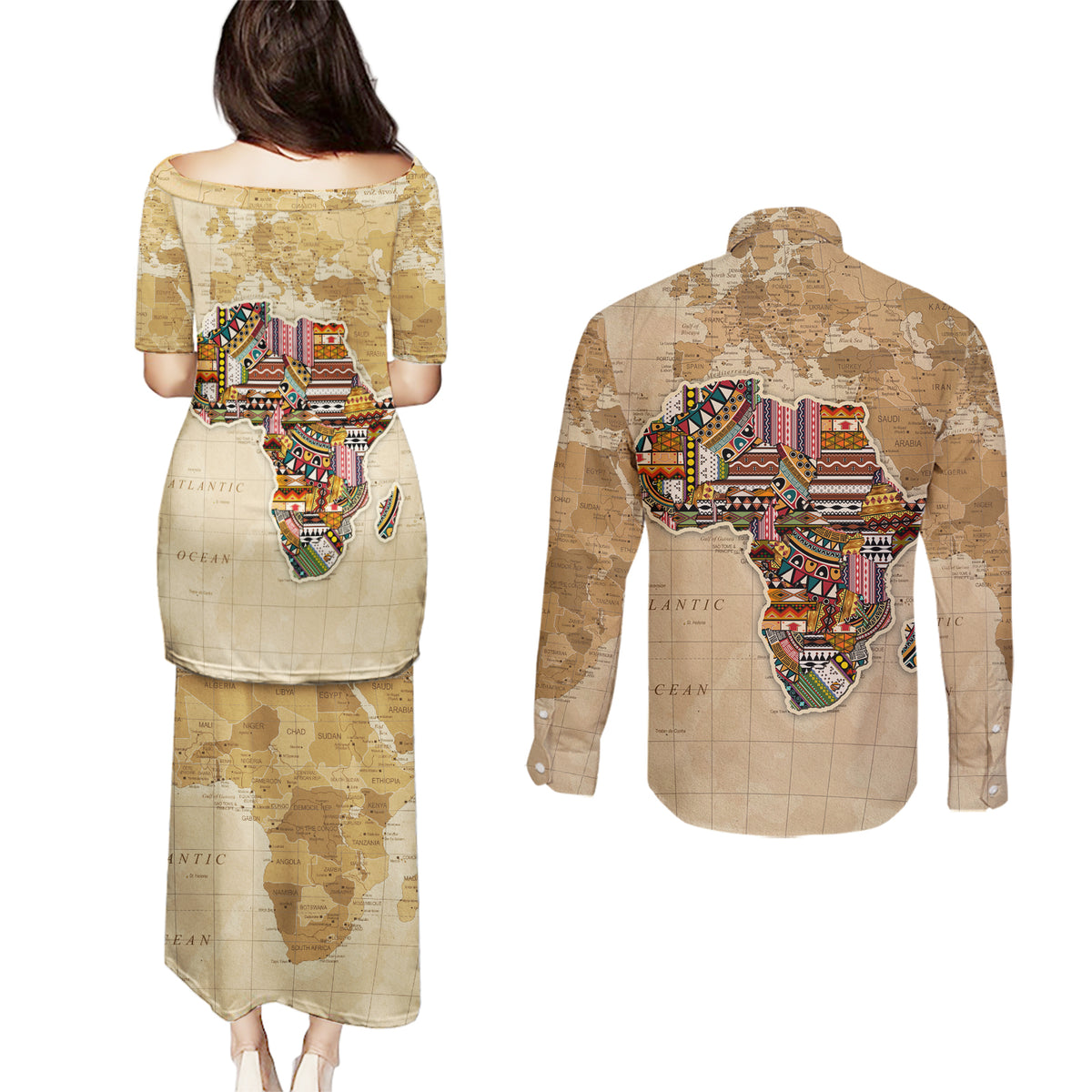 Personalized Africa On World Map Couples Matching Puletasi and Long Sleeve Button Shirt - Wonder Print Shop