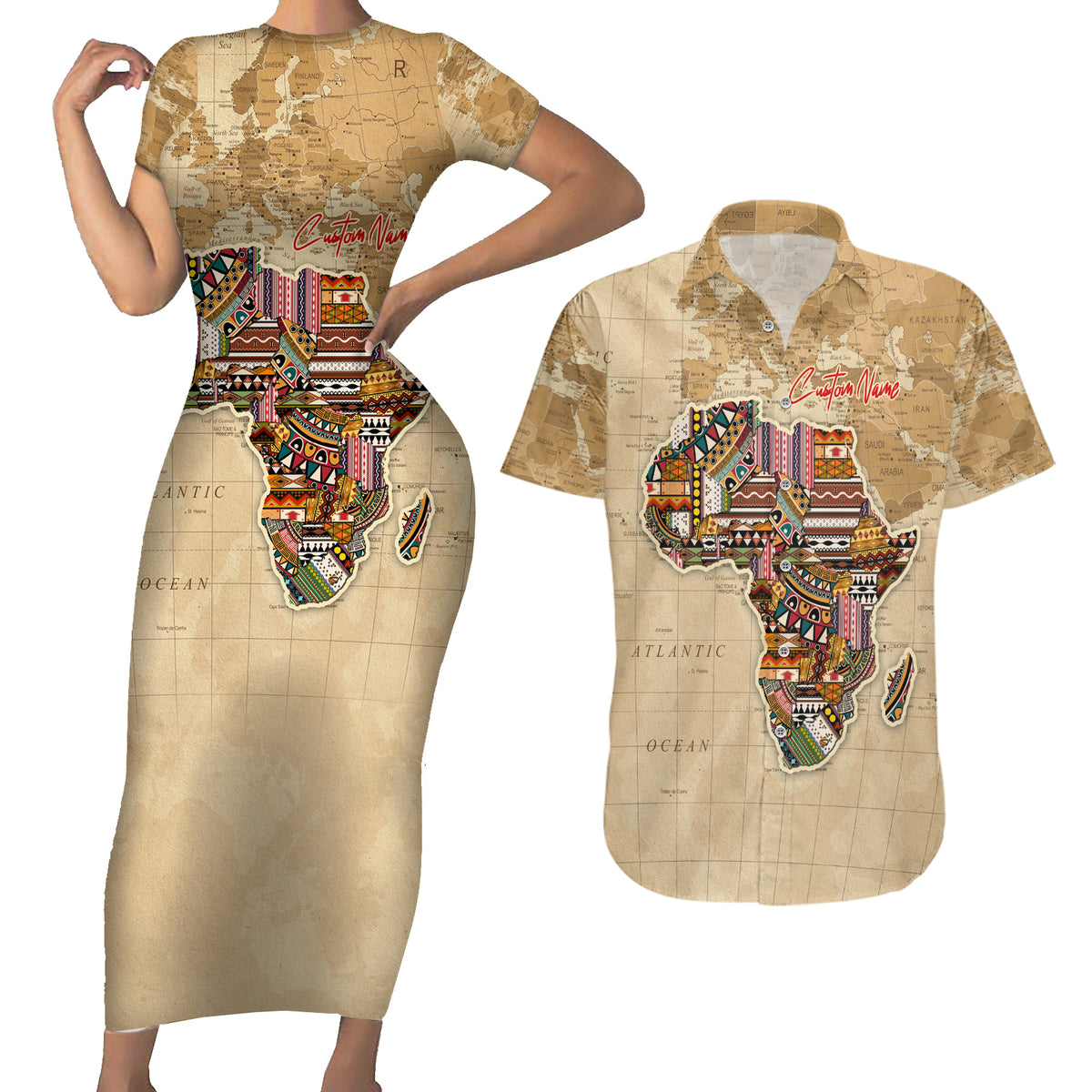 Personalized Africa On World Map Couples Matching Short Sleeve Bodycon Dress and Hawaiian Shirt - Wonder Print Shop