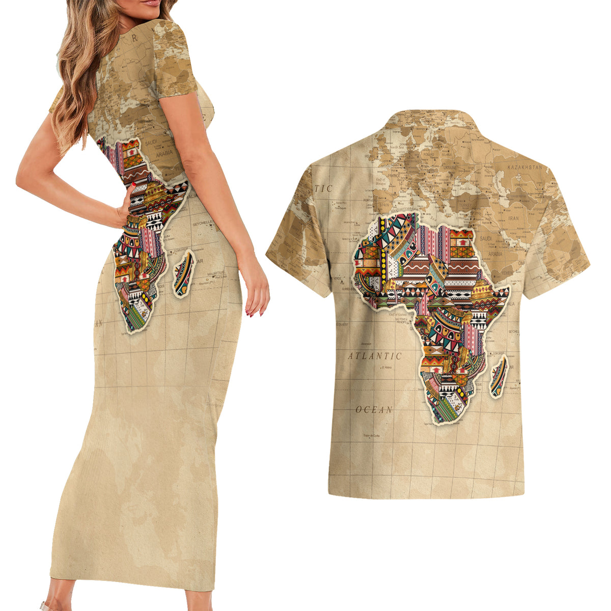 Personalized Africa On World Map Couples Matching Short Sleeve Bodycon Dress and Hawaiian Shirt - Wonder Print Shop