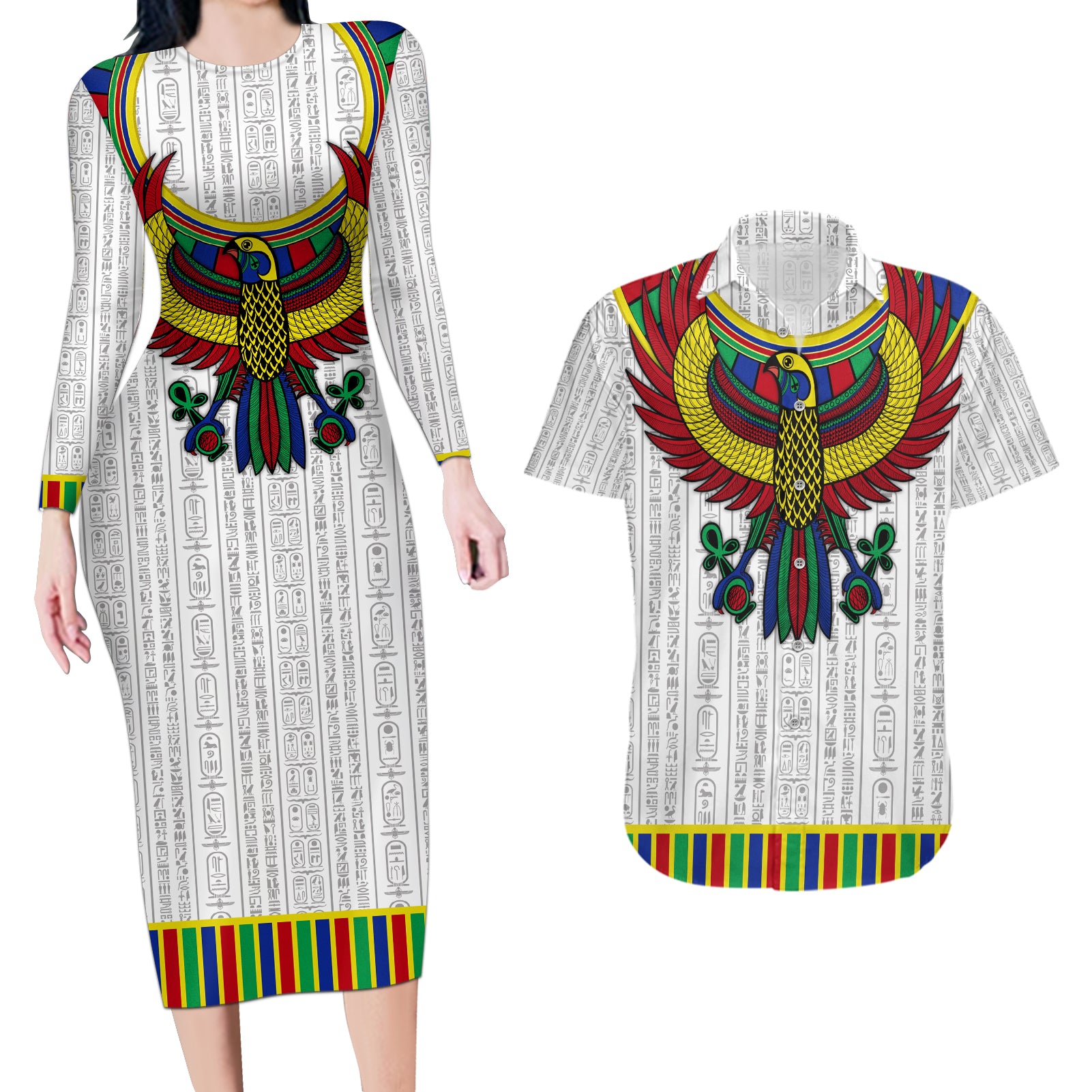 Egyptian Horus Couples Matching Long Sleeve Bodycon Dress and Hawaiian Shirt Gods of Egypt