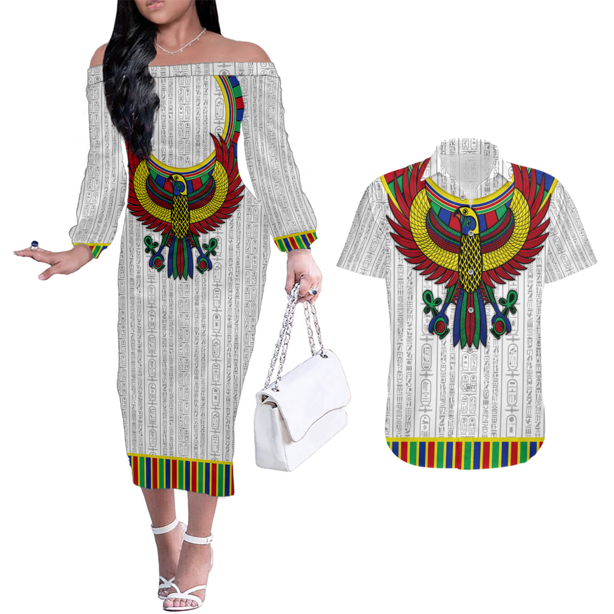 Egyptian Horus Couples Matching Off The Shoulder Long Sleeve Dress and Hawaiian Shirt Gods of Egypt - Wonder Print Shop