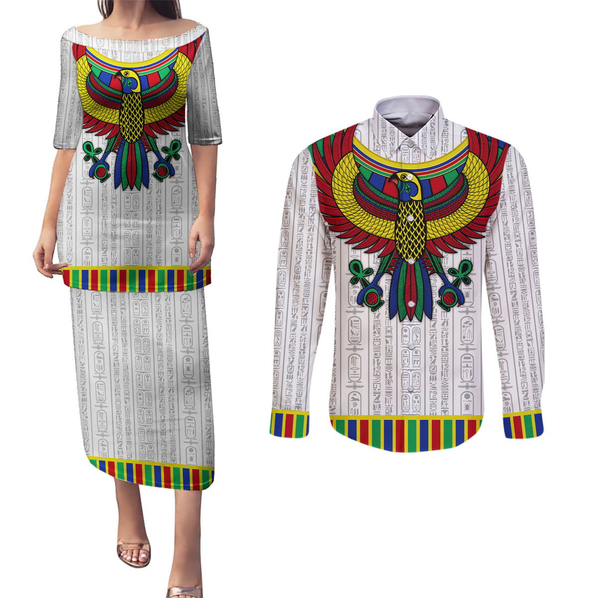 Egyptian Horus Couples Matching Puletasi and Long Sleeve Button Shirt Gods of Egypt - Wonder Print Shop