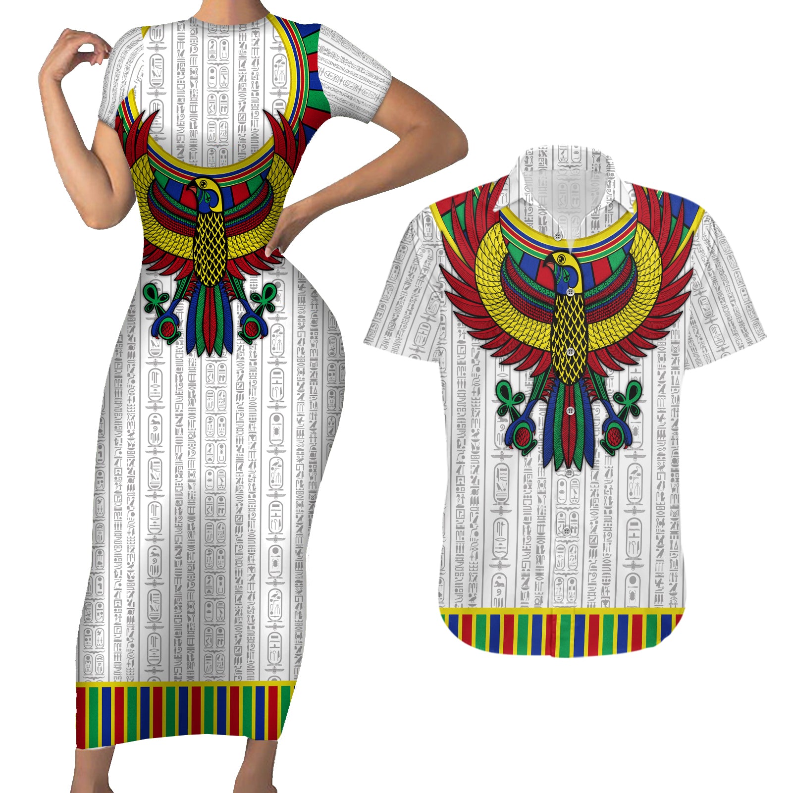 Egyptian Horus Couples Matching Short Sleeve Bodycon Dress and Hawaiian Shirt Gods of Egypt