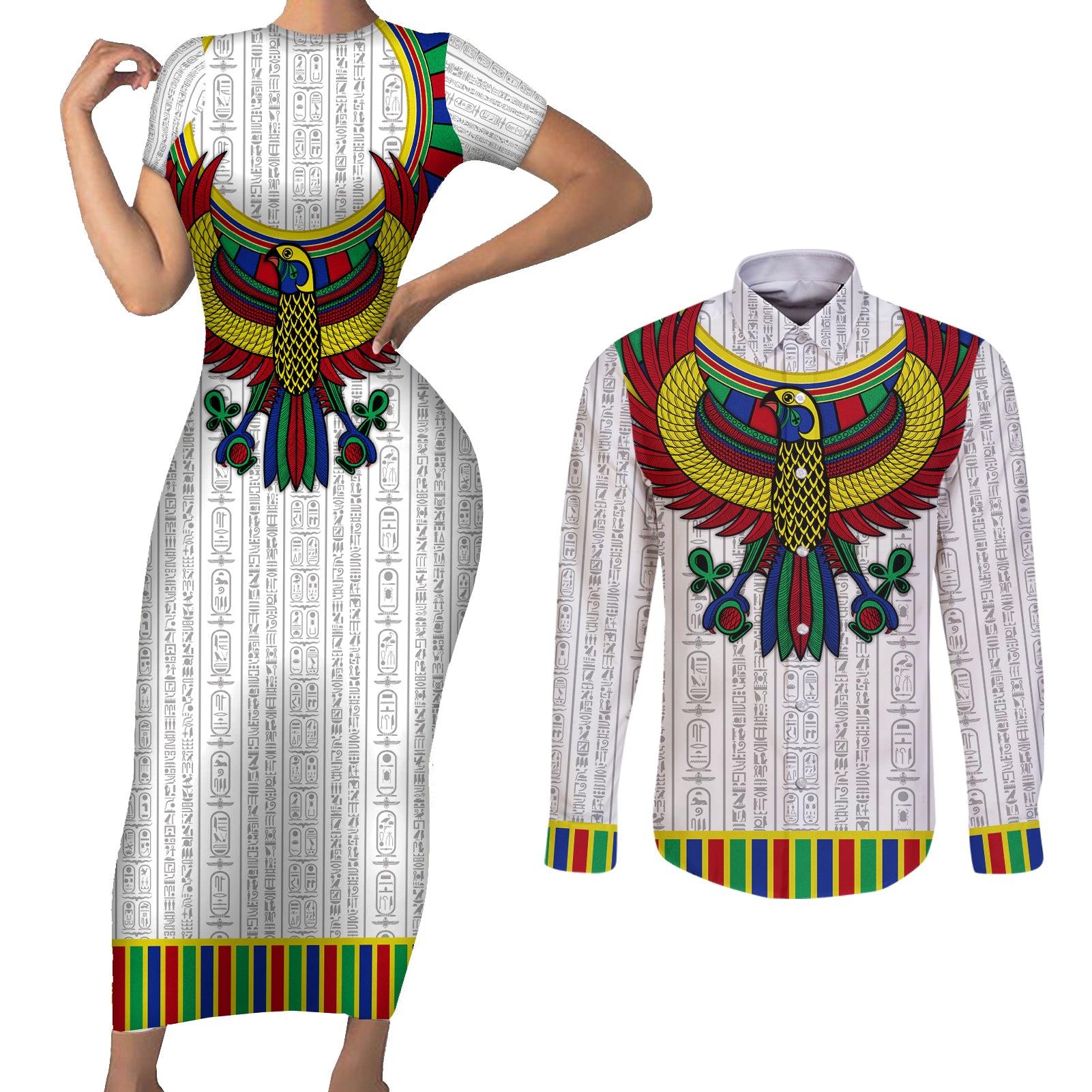 Egyptian Horus Couples Matching Short Sleeve Bodycon Dress and Long Sleeve Button Shirt Gods of Egypt