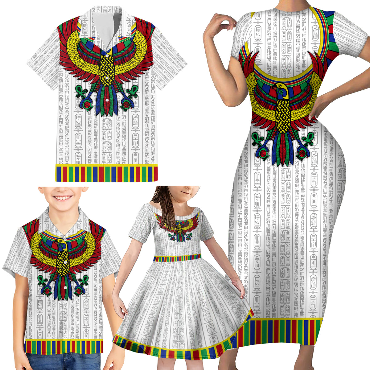 Egyptian Horus Family Matching Short Sleeve Bodycon Dress and Hawaiian Shirt Gods of Egypt - Wonder Print Shop